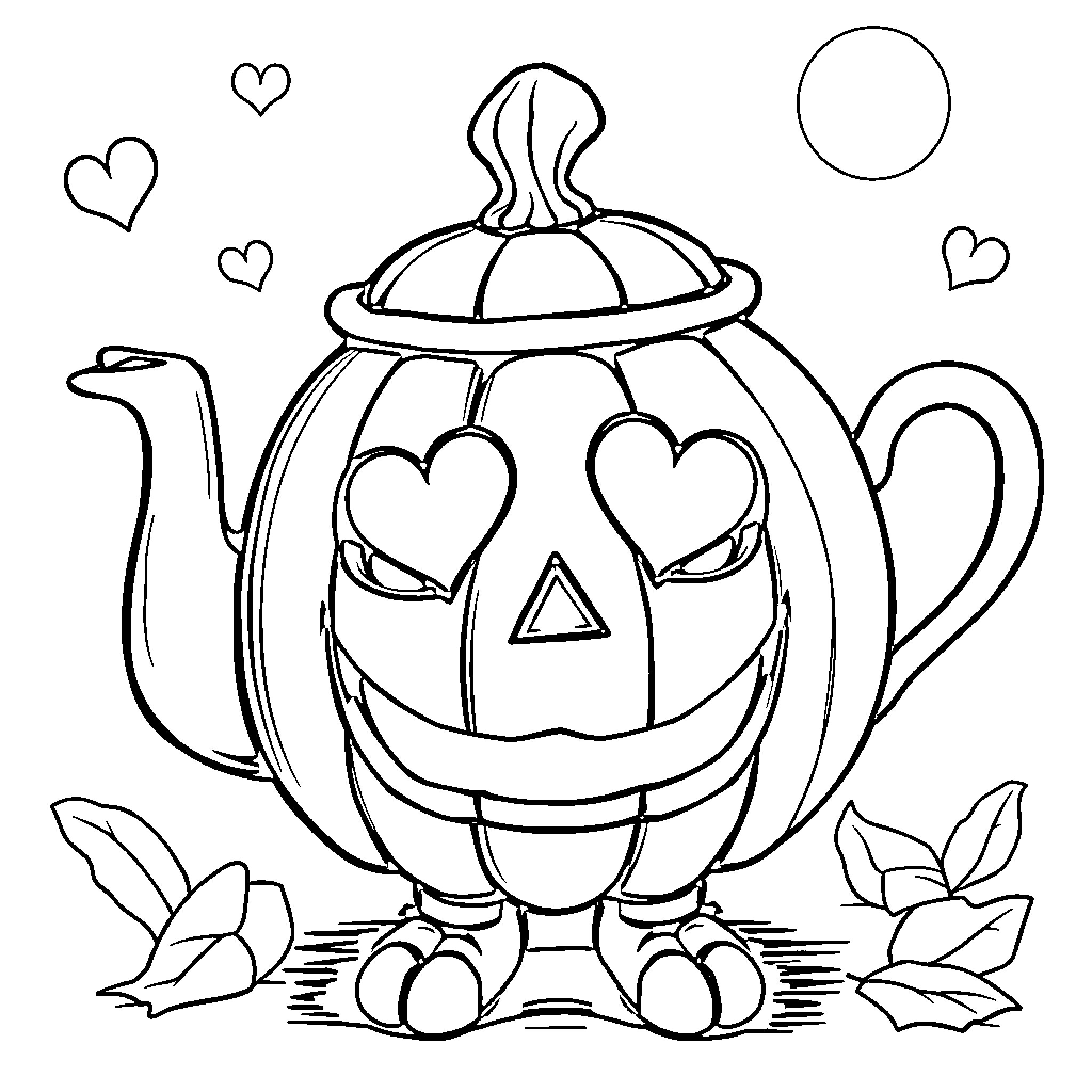 Jack-o'-lantern teapot with happy expression and heart decorations Coloring Page (free black-and-white line drawing printable PDF for all, from beginners to advanced learners, including children, teens, adults, and seniors)