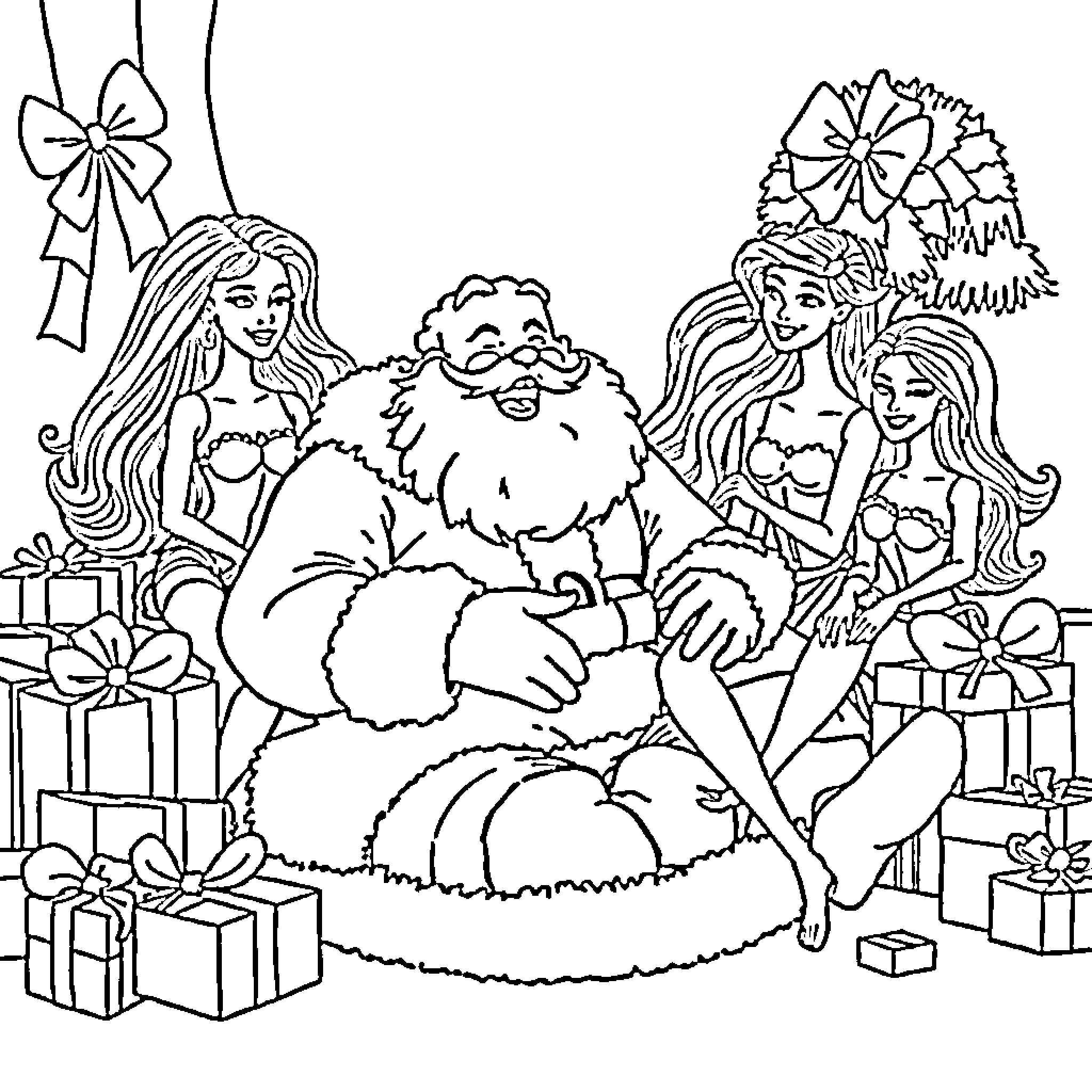 Santa Claus surrounded by cheerful women with gifts Coloring Page (free black-and-white line drawing printable PDF for all, from beginners to advanced learners, including children, teens, adults, and seniors)