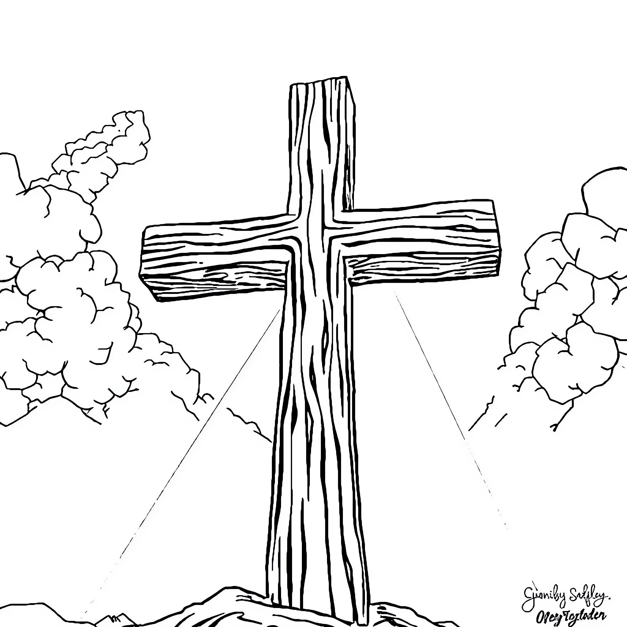 Cross standing tall amidst the clouds Coloring Page (free black-and-white line drawing printable PDF for all, from beginners to advanced learners, including children, teens, adults, and seniors)