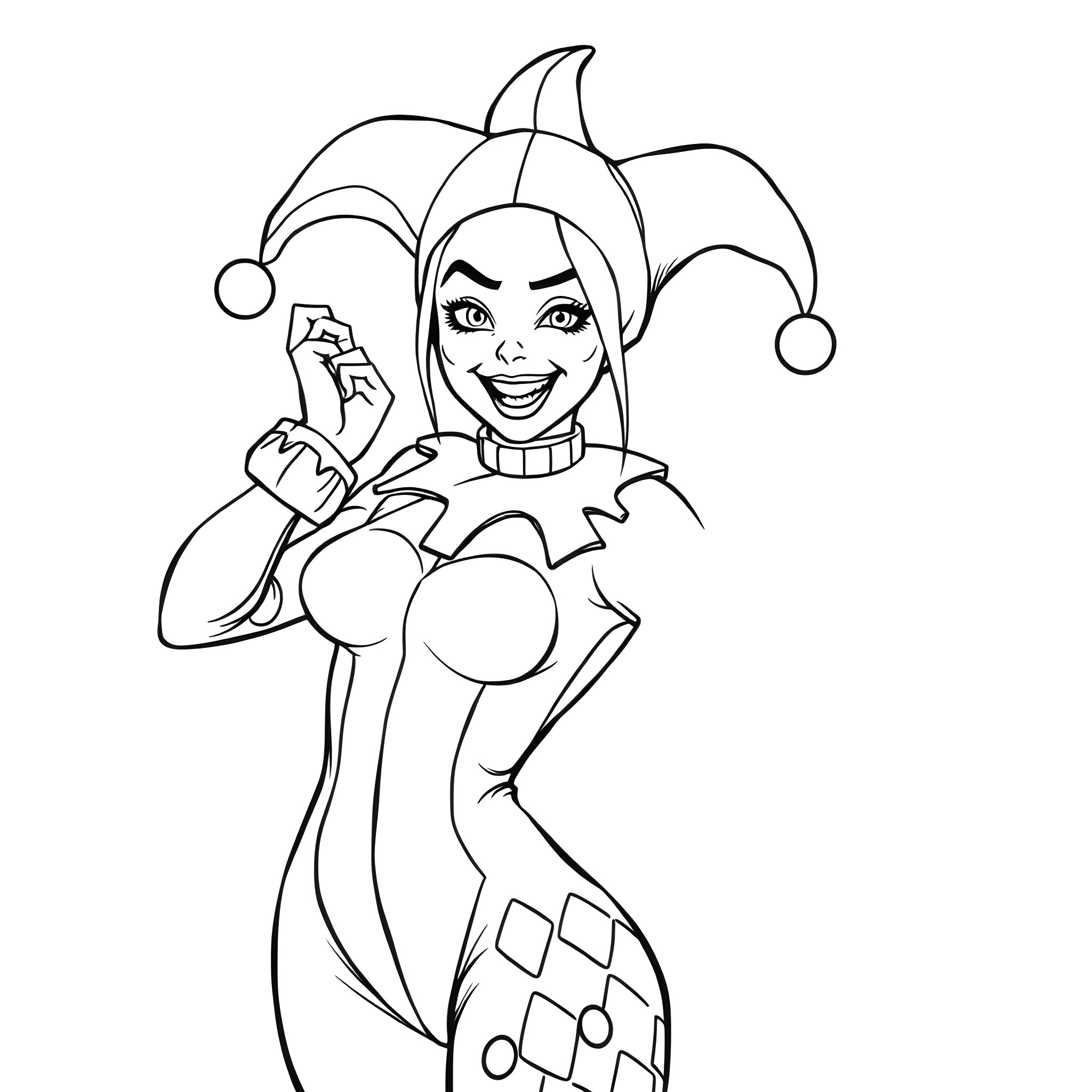 Harley Quinn's Mischievous Antics Coloring Page (free black-and-white line drawing printable PDF for all, from beginners to advanced learners, including children, teens, adults, and seniors)