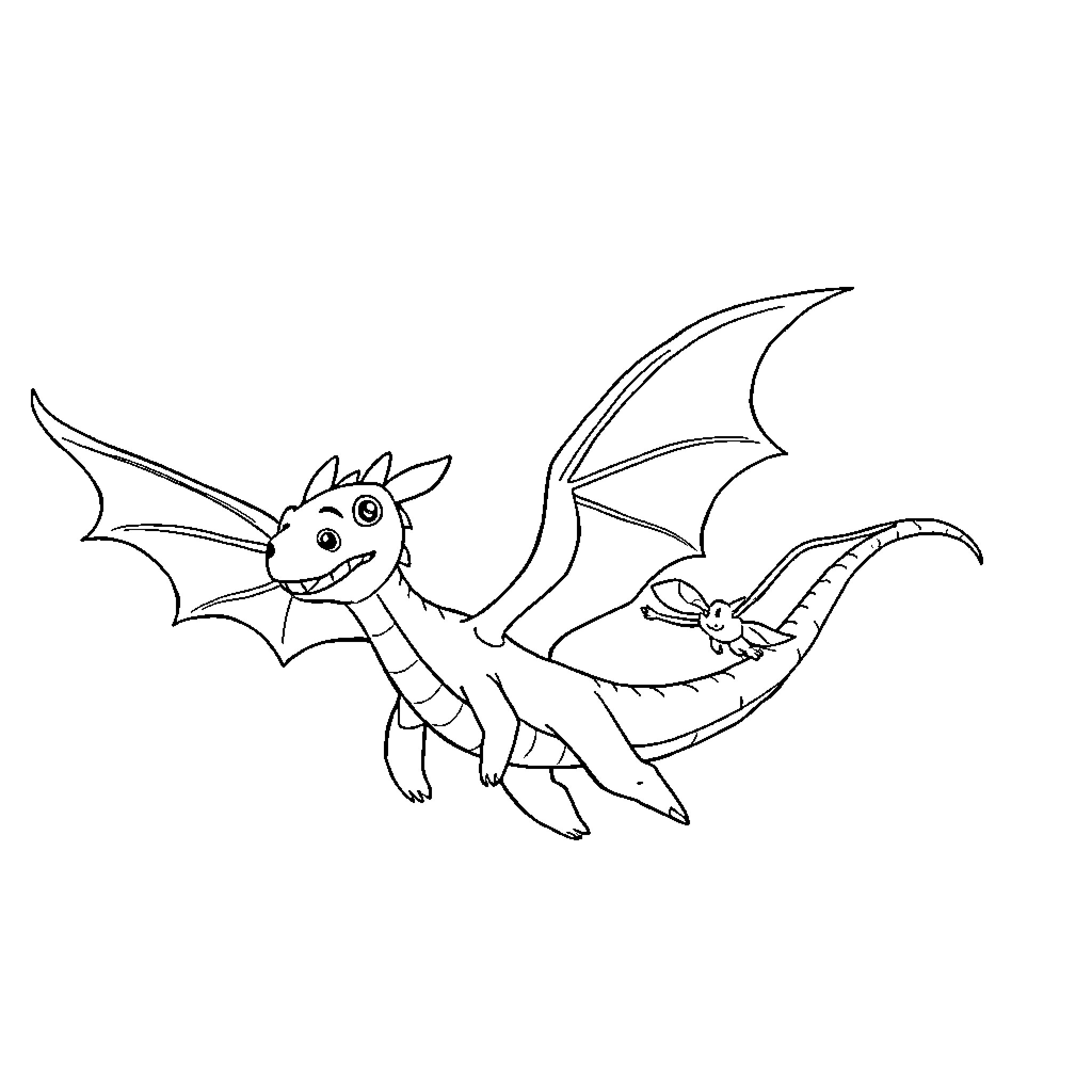 Chimuelo the Friendly Dragon on an Adventure Coloring Page (free black-and-white line drawing printable PDF for all, from beginners to advanced learners, including children, teens, adults, and seniors)