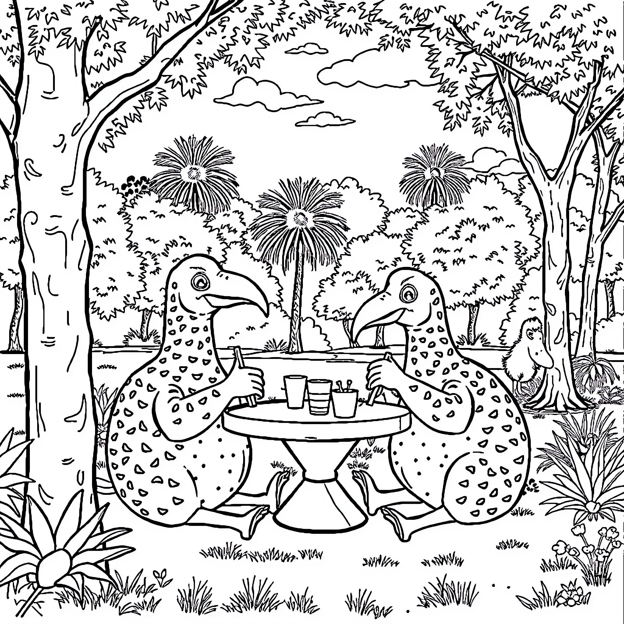 Capybara enjoying a picnic in the lush forest Coloring Page (free black-and-white line drawing printable PDF for all, from beginners to advanced learners, including children, teens, adults, and seniors)