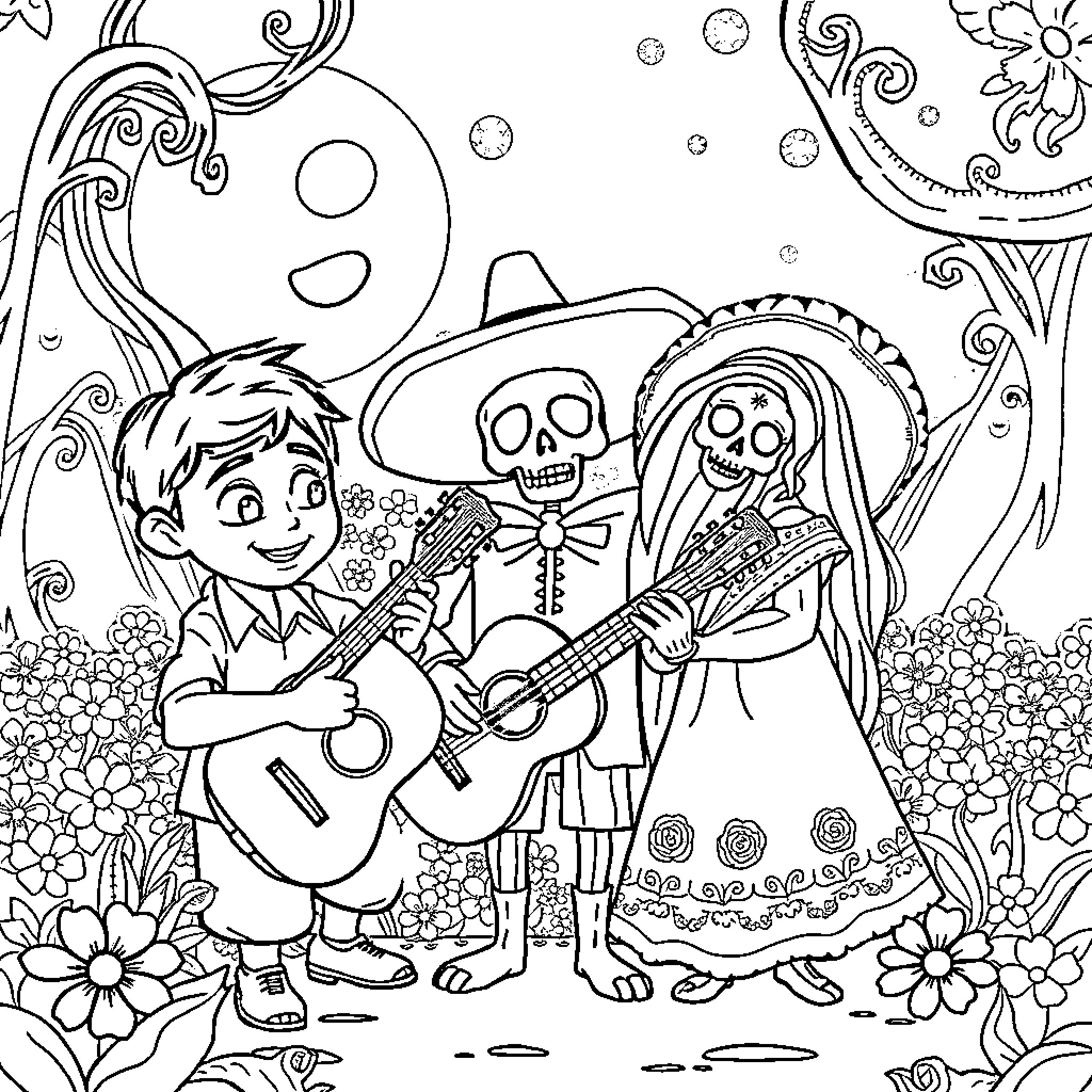 Coco: Celebration of Music and Tradition Coloring Page (free black-and-white line drawing printable PDF for all, from beginners to advanced learners, including children, teens, adults, and seniors)