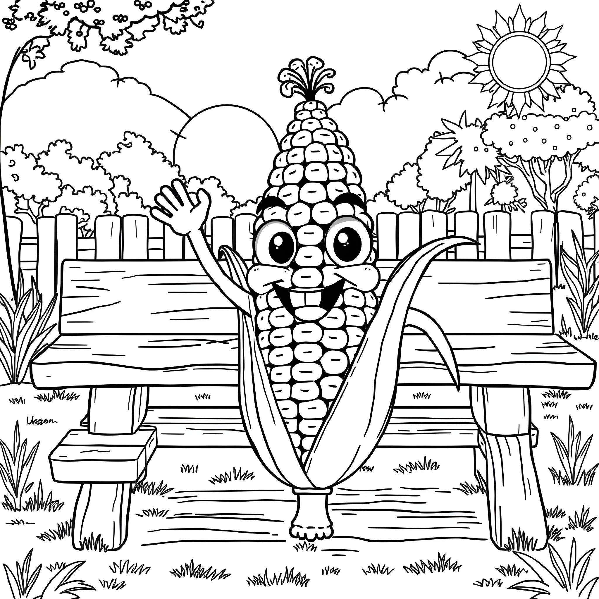 Corn character enjoying the outdoors on a sunny day Coloring Page (free black-and-white line drawing printable PDF for all, from beginners to advanced learners, including children, teens, adults, and seniors)