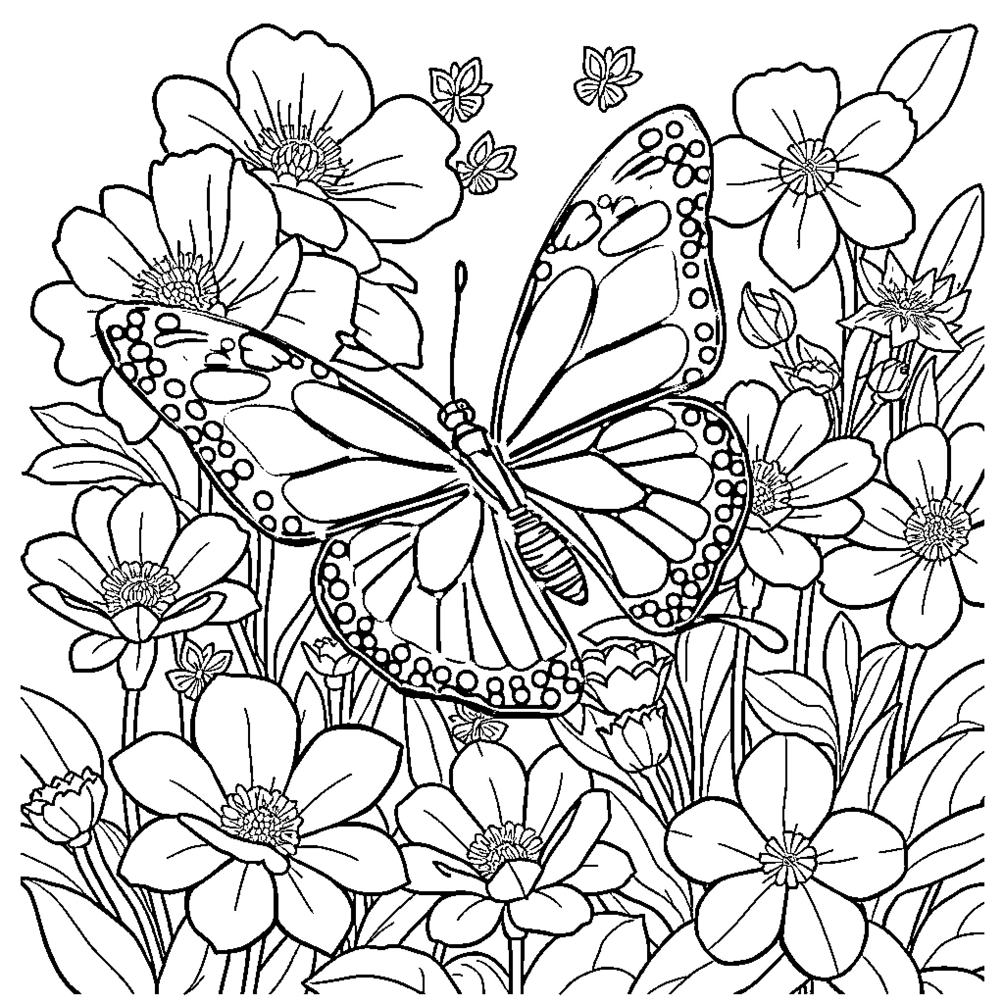 Butterfly dancing amidst vibrant floral display Coloring Page (free black-and-white line drawing printable PDF for all, from beginners to advanced learners, including children, teens, adults, and seniors)