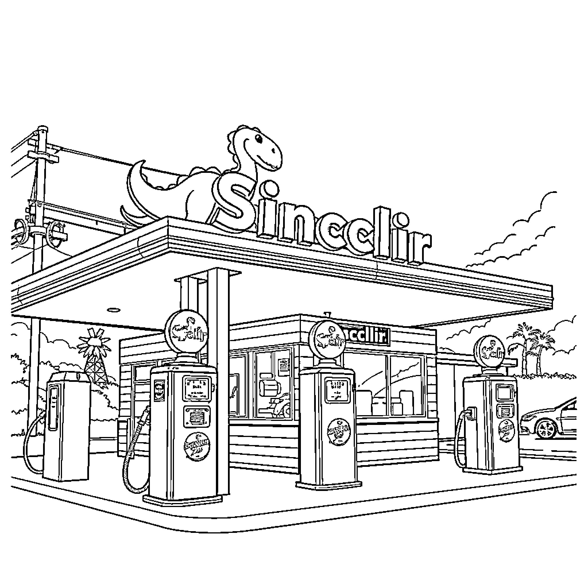 Gas Station with Cartoon-like Signage and Fuel Pumps Coloring Page (free black-and-white line drawing printable PDF for all, from beginners to advanced learners, including children, teens, adults, and seniors)