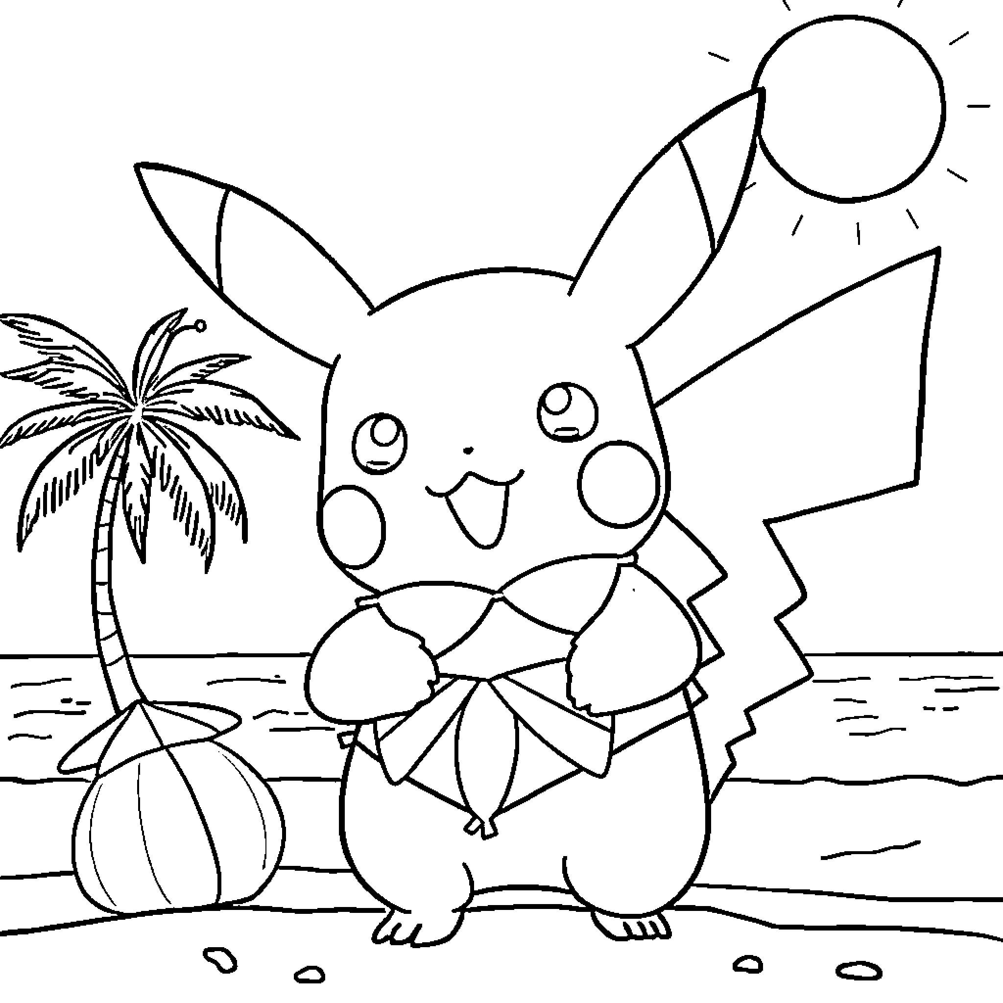 Pikachu enjoys a summer day at the beach Coloring Page (free black-and-white line drawing printable PDF for all, from beginners to advanced learners, including children, teens, adults, and seniors)