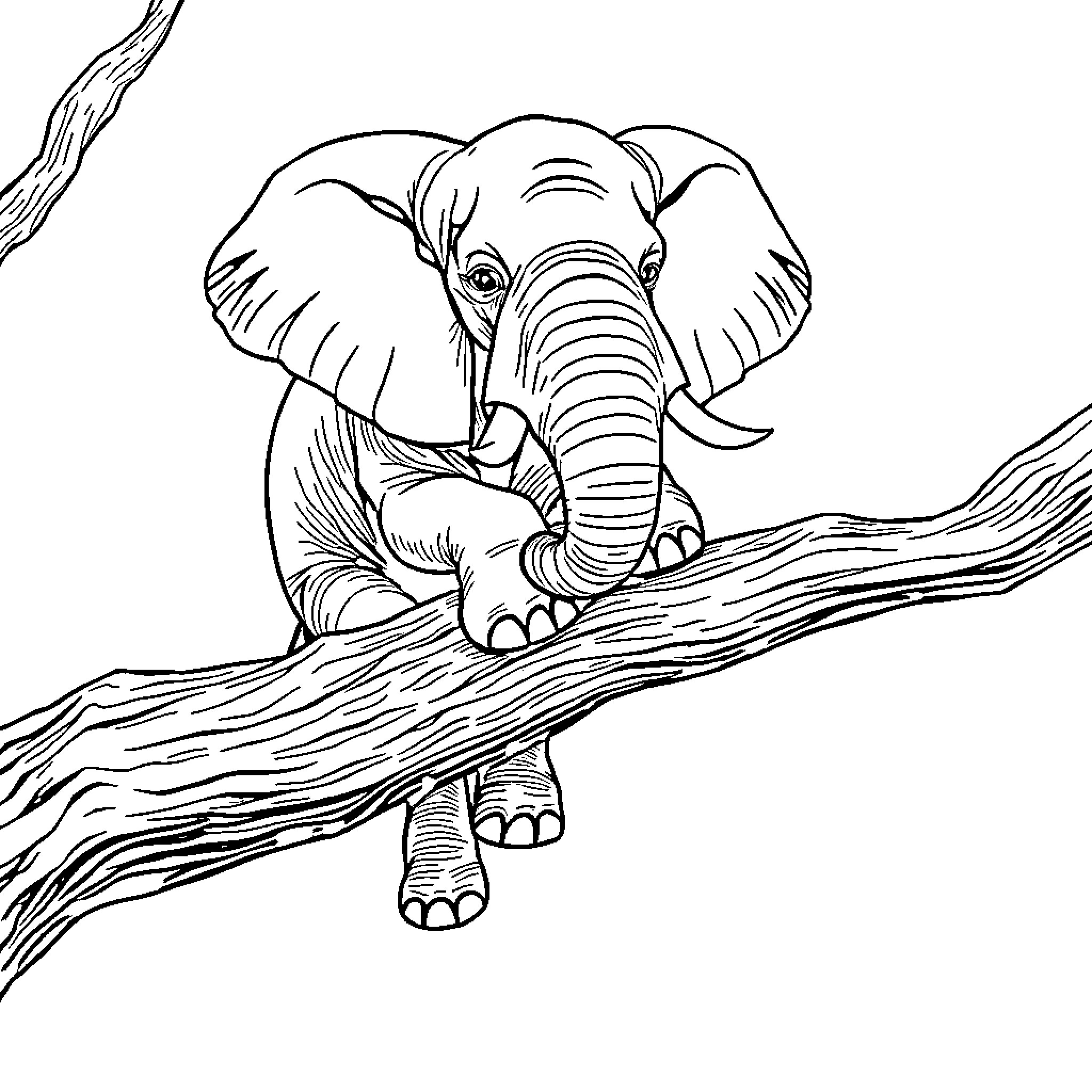 Elephant resting peacefully on tree branch Coloring Page (free black-and-white line drawing printable PDF for all, from beginners to advanced learners, including children, teens, adults, and seniors)