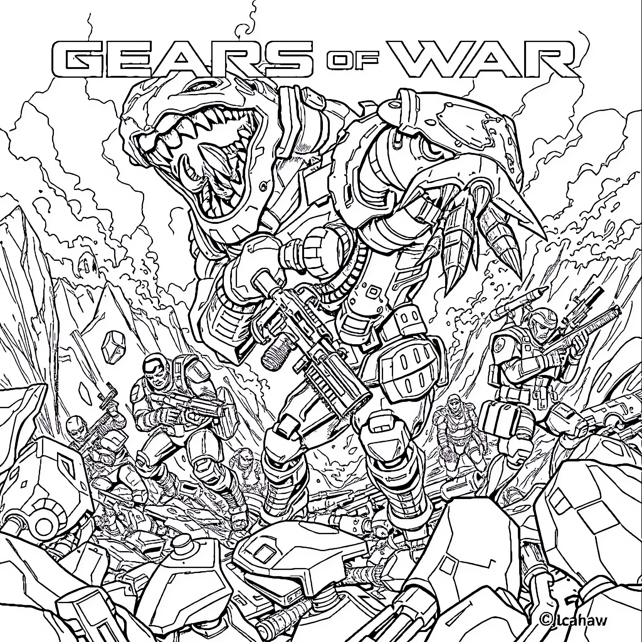 Gear-powered warriors in battle amid destruction Coloring Page (free black-and-white line drawing printable PDF for all, from beginners to advanced learners, including children, teens, adults, and seniors)