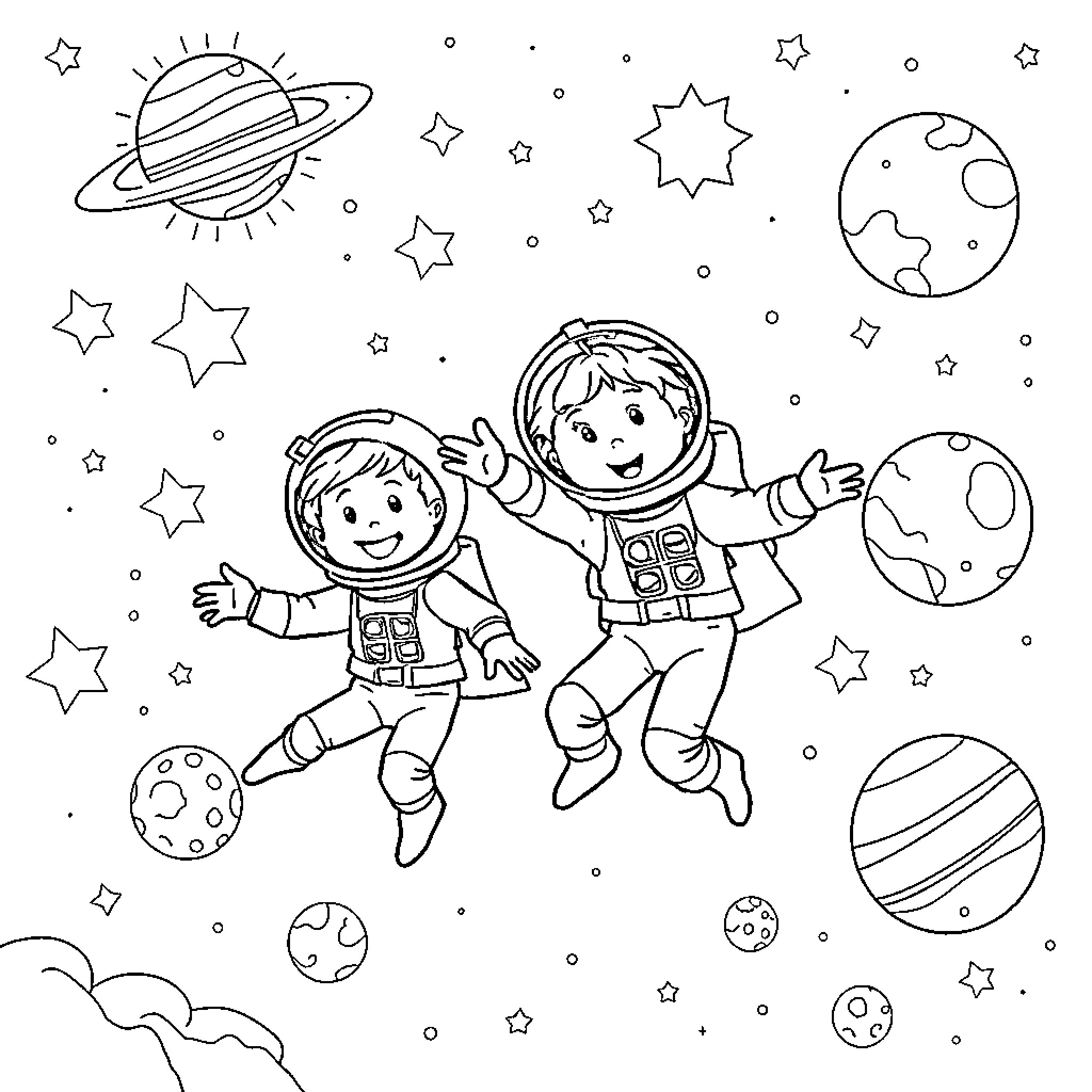 Kid astronauts exploring the universe Coloring Page (free black-and-white line drawing printable PDF for all, from beginners to advanced learners, including children, teens, adults, and seniors)