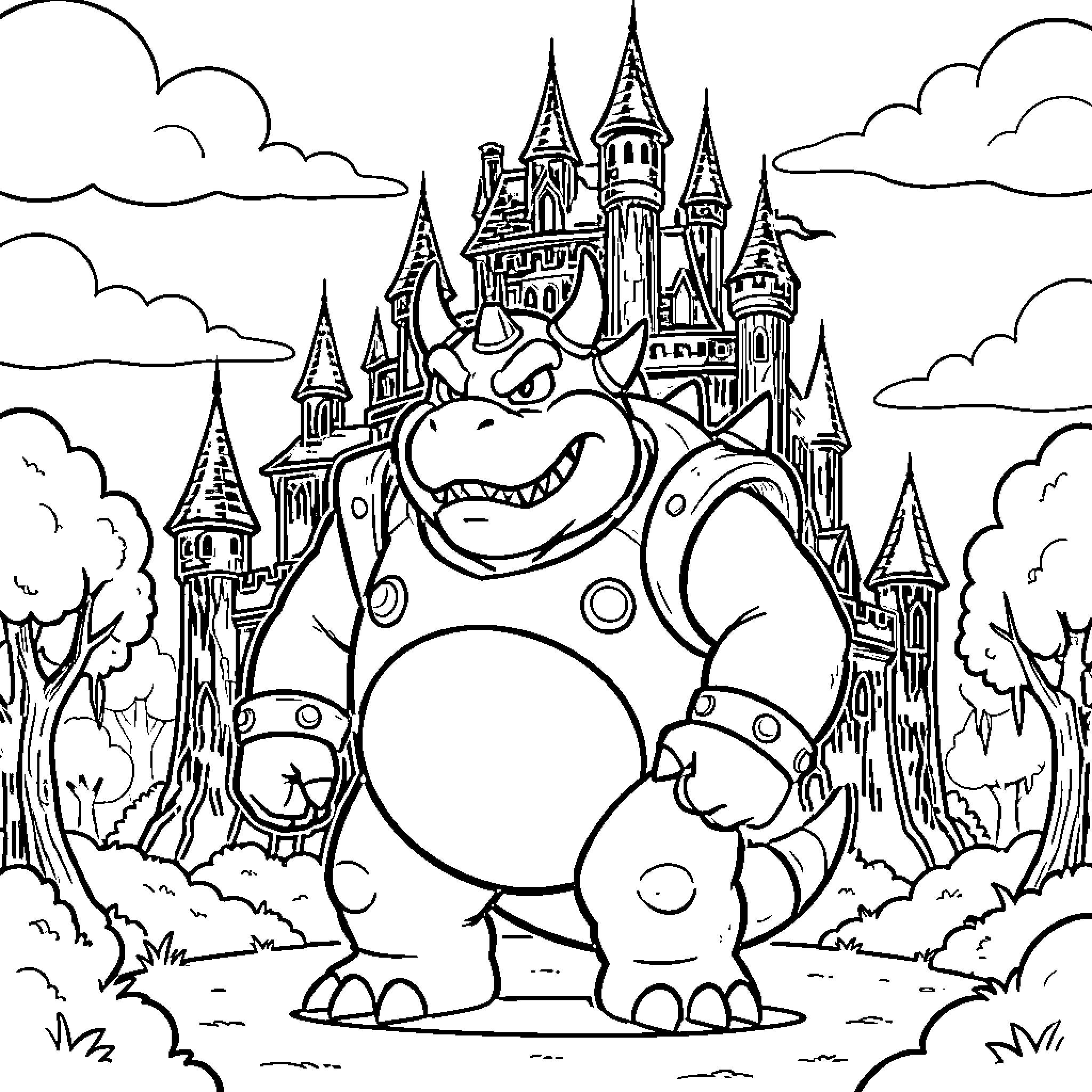 Bowser's Mighty Castle Appearance Coloring Page (free black-and-white line drawing printable PDF for all, from beginners to advanced learners, including children, teens, adults, and seniors)