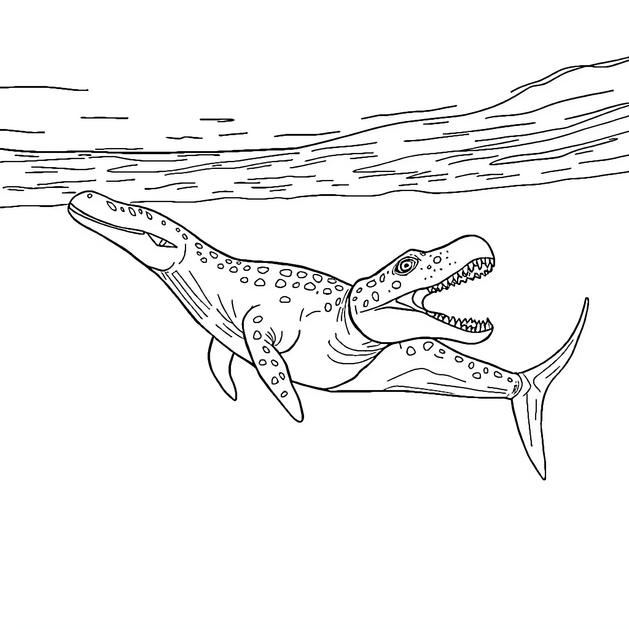 Mosasaurus hunting in the open sea Coloring Page (free black-and-white line drawing printable PDF for all, from beginners to advanced learners, including children, teens, adults, and seniors)
