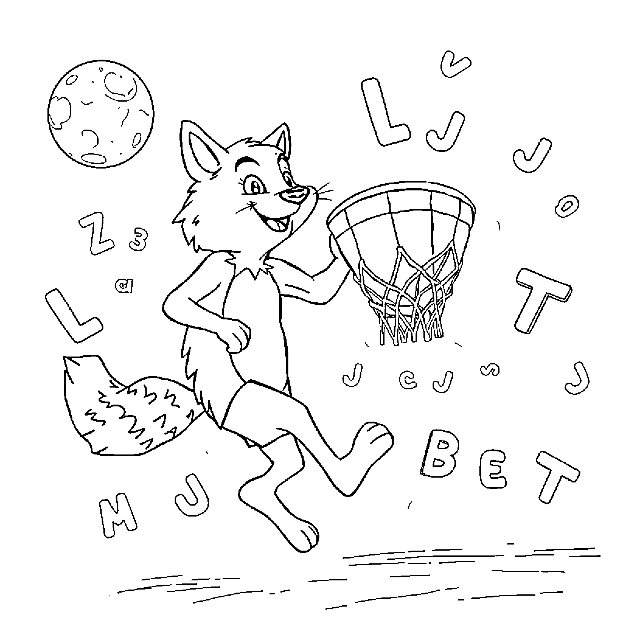 Wolf playing basketball under the moon Coloring Page (free black-and-white line drawing printable PDF for all, from beginners to advanced learners, including children, teens, adults, and seniors)