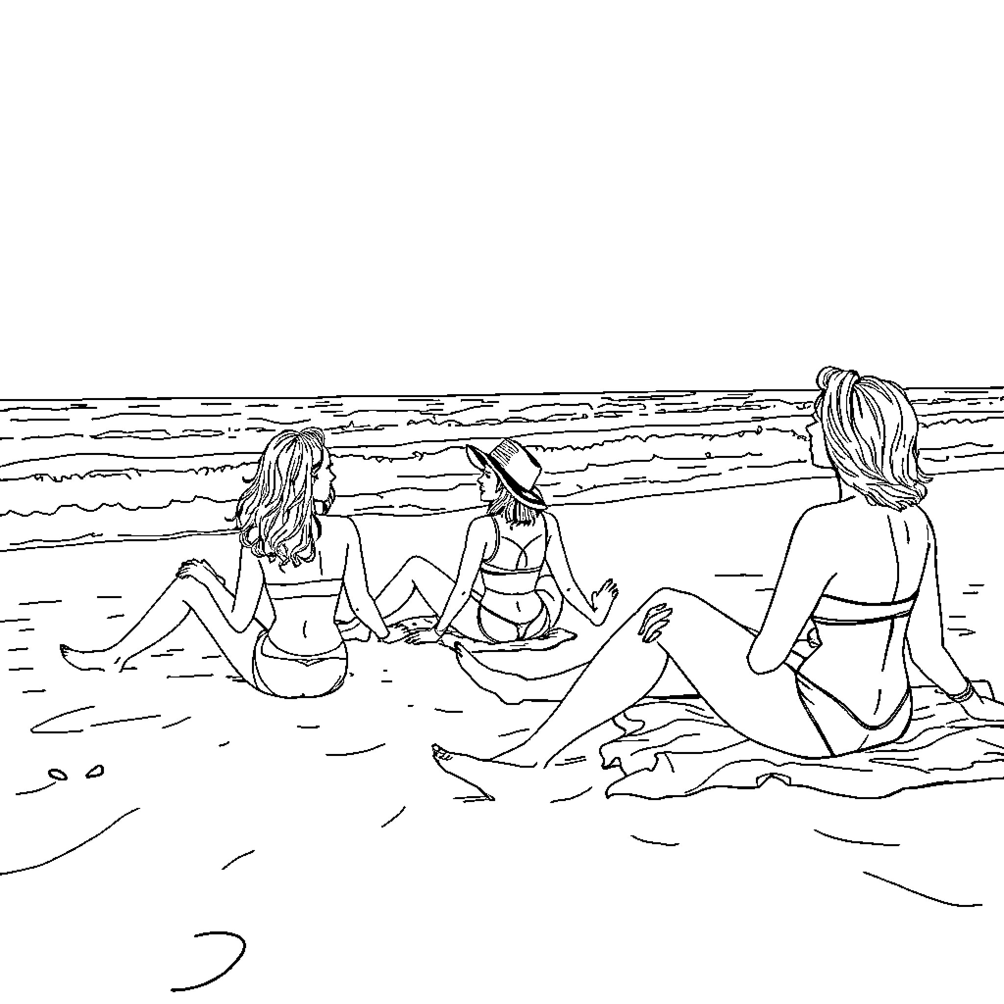 Woman enjoying summer with friends on the beach Coloring Page (free black-and-white line drawing printable PDF for all, from beginners to advanced learners, including children, teens, adults, and seniors)