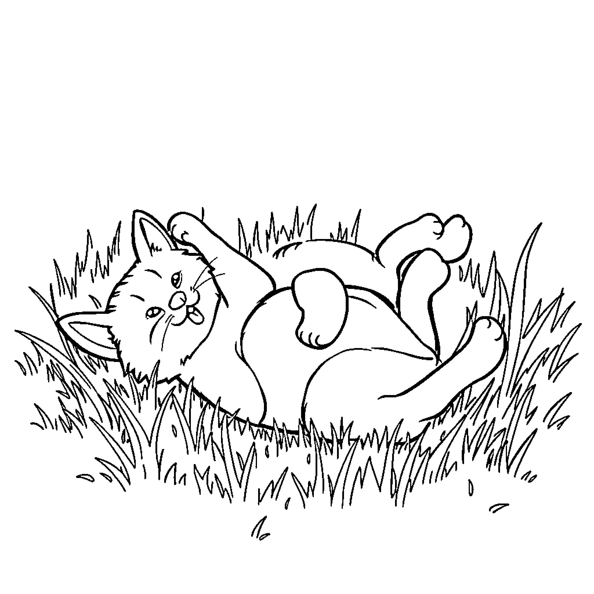 Cat resting peacefully in grassy field Coloring Page (free black-and-white line drawing printable PDF for all, from beginners to advanced learners, including children, teens, adults, and seniors)