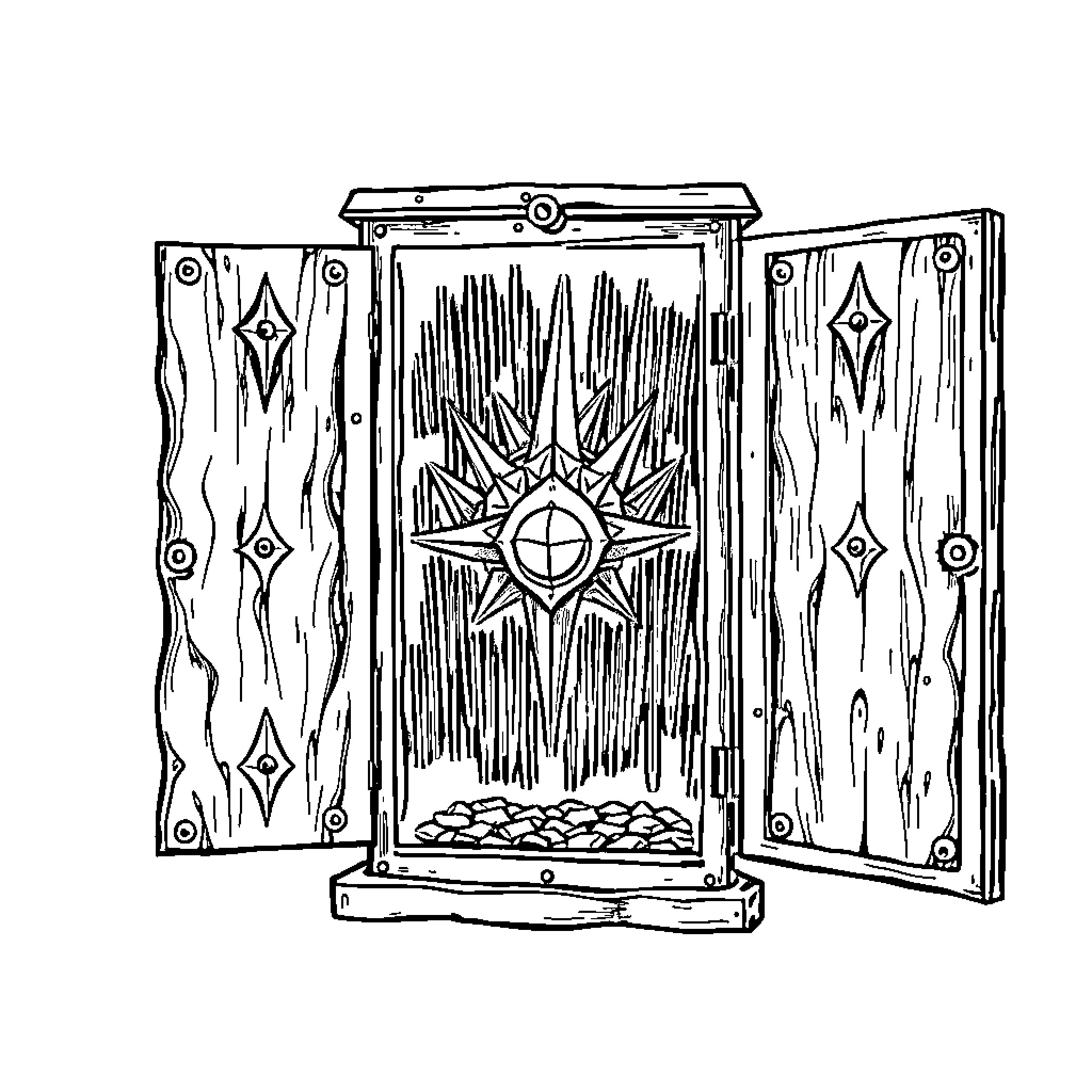 Iron Maiden's Mystical Wooden Tome Coloring Page (free black-and-white line drawing printable PDF for all, from beginners to advanced learners, including children, teens, adults, and seniors)