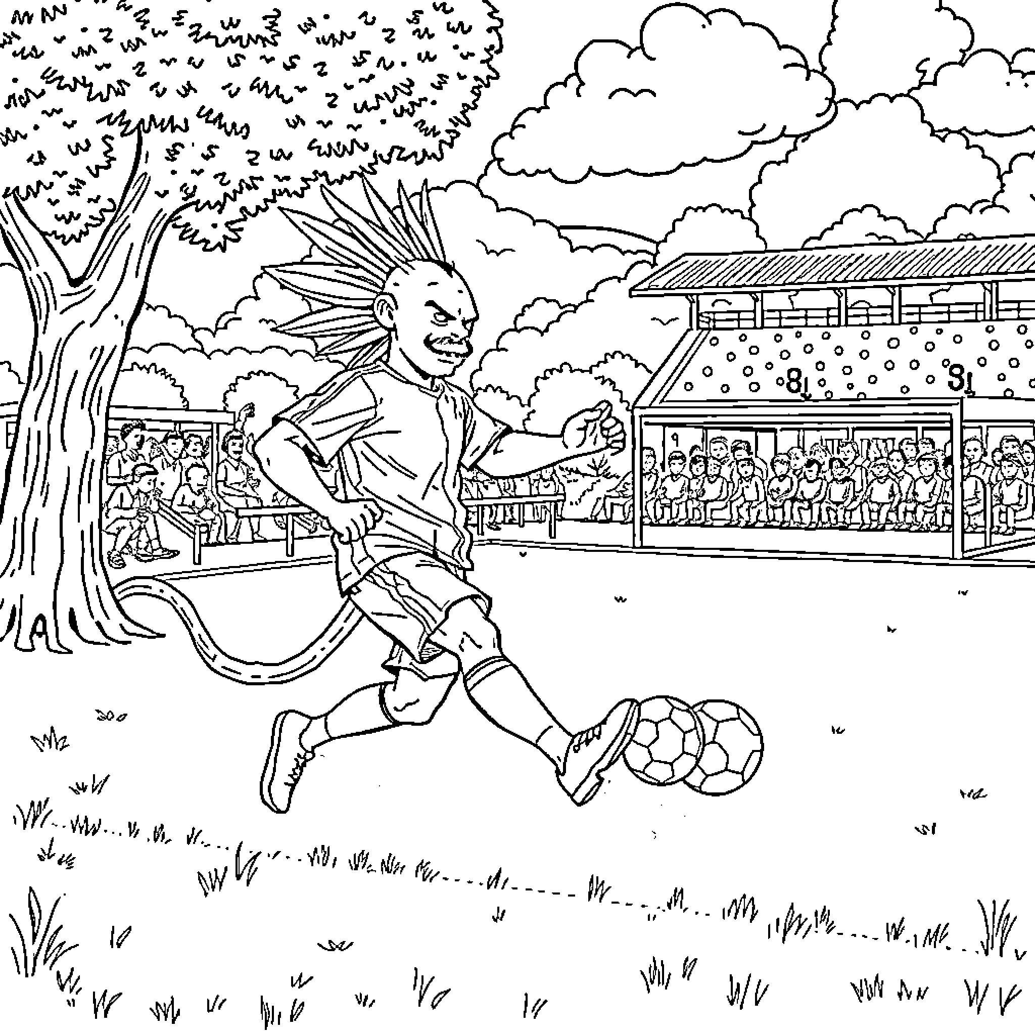 Cabezudo figure dribbling soccer ball on field Coloring Page (free black-and-white line drawing printable PDF for all, from beginners to advanced learners, including children, teens, adults, and seniors)