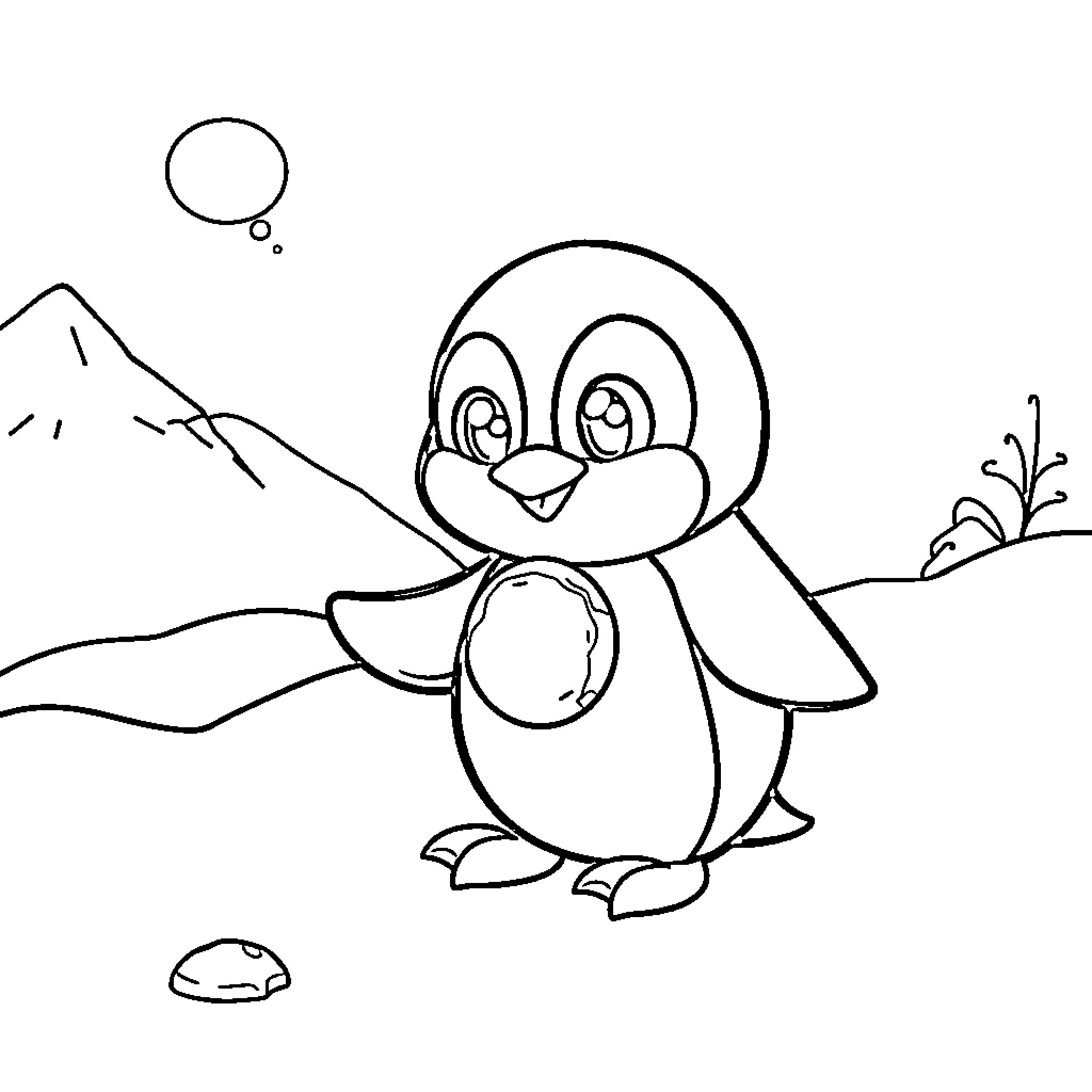 Penguin exploring winter wonderland Coloring Page (free black-and-white line drawing printable PDF for all, from beginners to advanced learners, including children, teens, adults, and seniors)