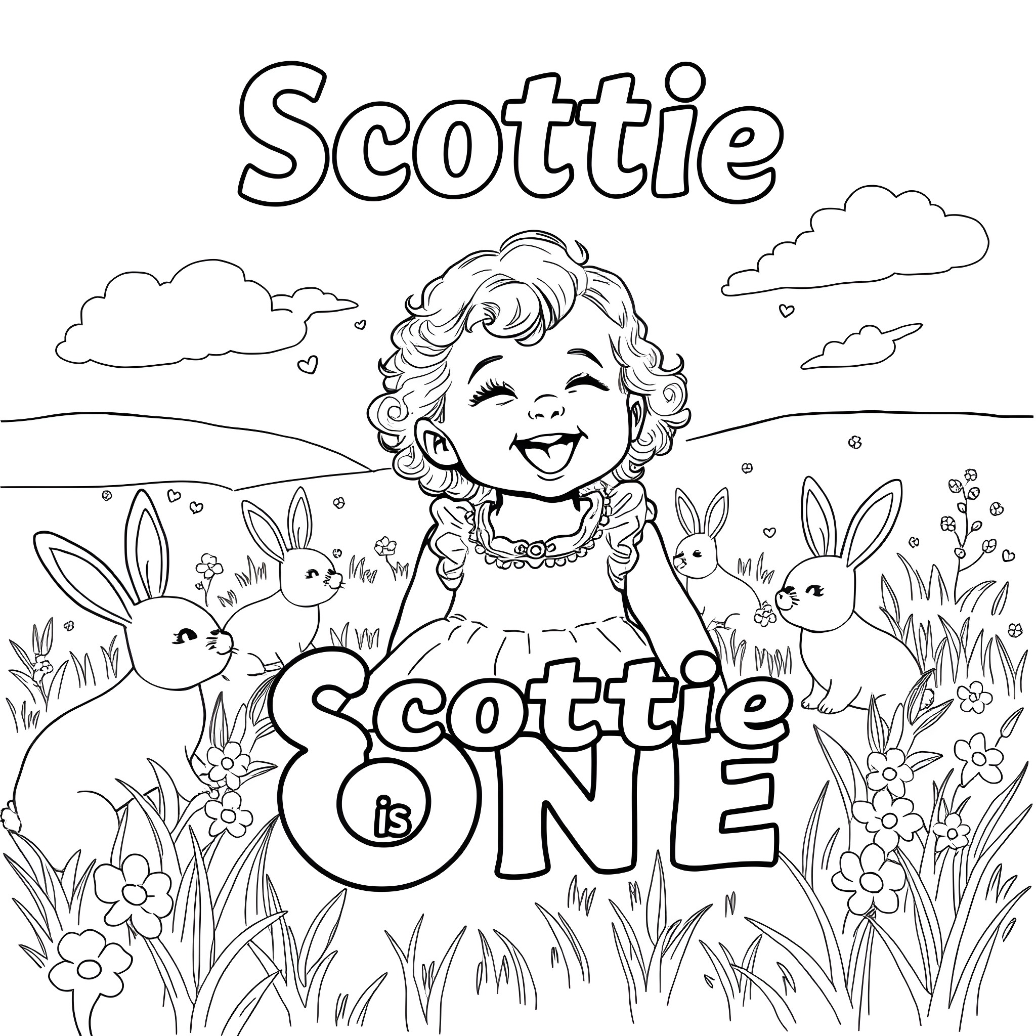 Baby Girl Smiling with Bunnies in a Floral Field Coloring Page (free black-and-white line drawing printable PDF for all, from beginners to advanced learners, including children, teens, adults, and seniors)