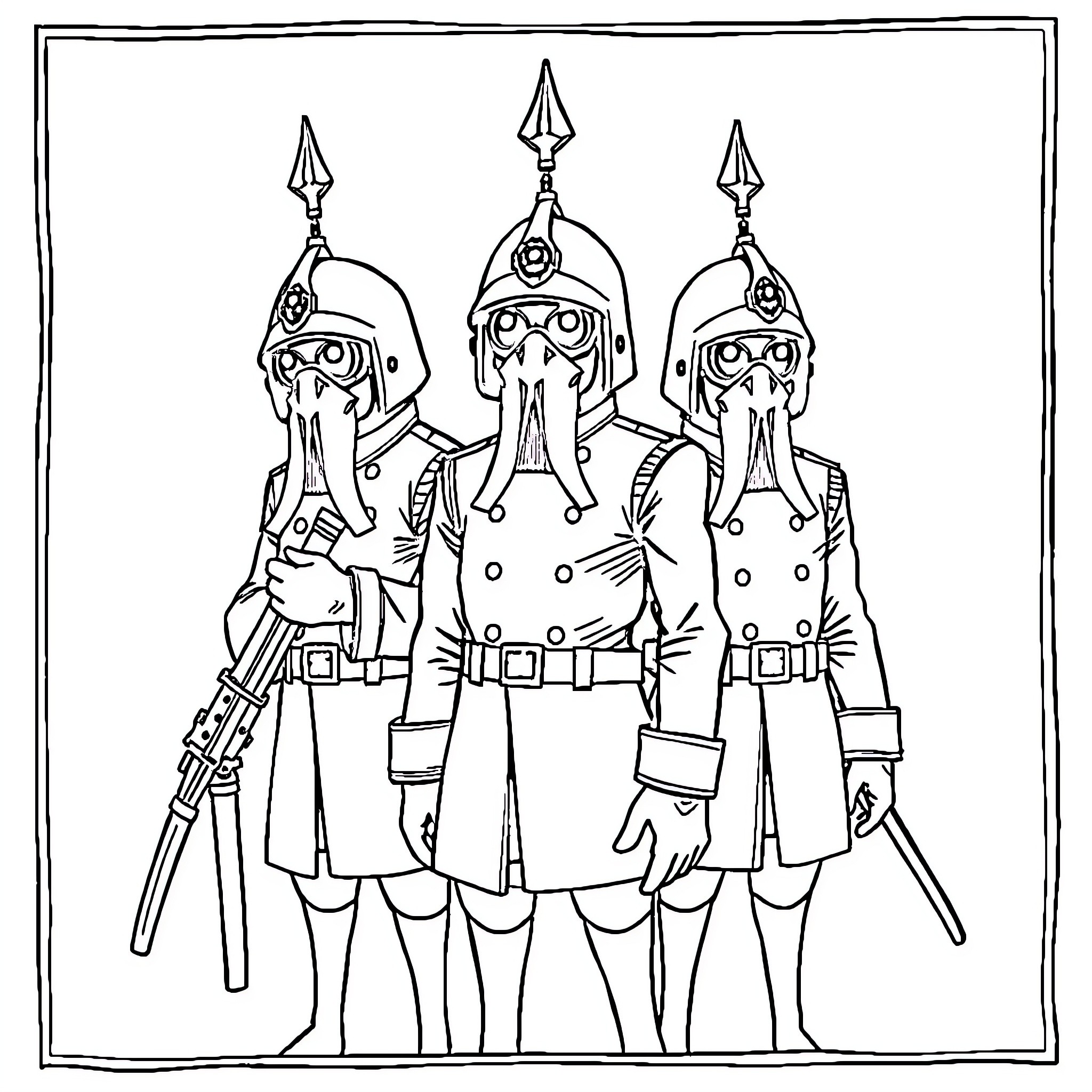 Squid Game Guard in Uniform with Weapons Coloring Page (free black-and-white line drawing printable PDF for all, from beginners to advanced learners, including children, teens, adults, and seniors)
