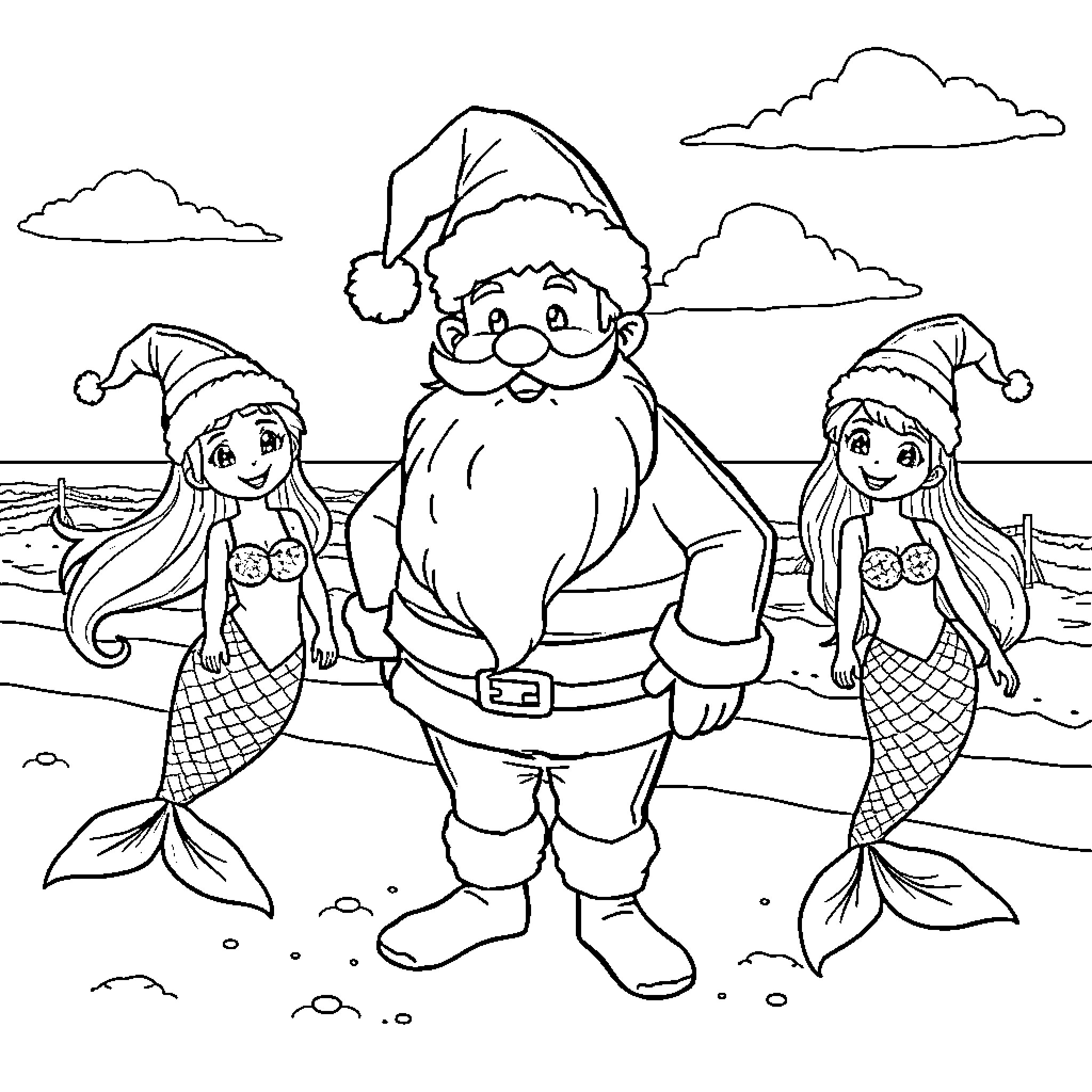 Santa Posing with Festive Mermaids on the Beach Coloring Page (free black-and-white line drawing printable PDF for all, from beginners to advanced learners, including children, teens, adults, and seniors)