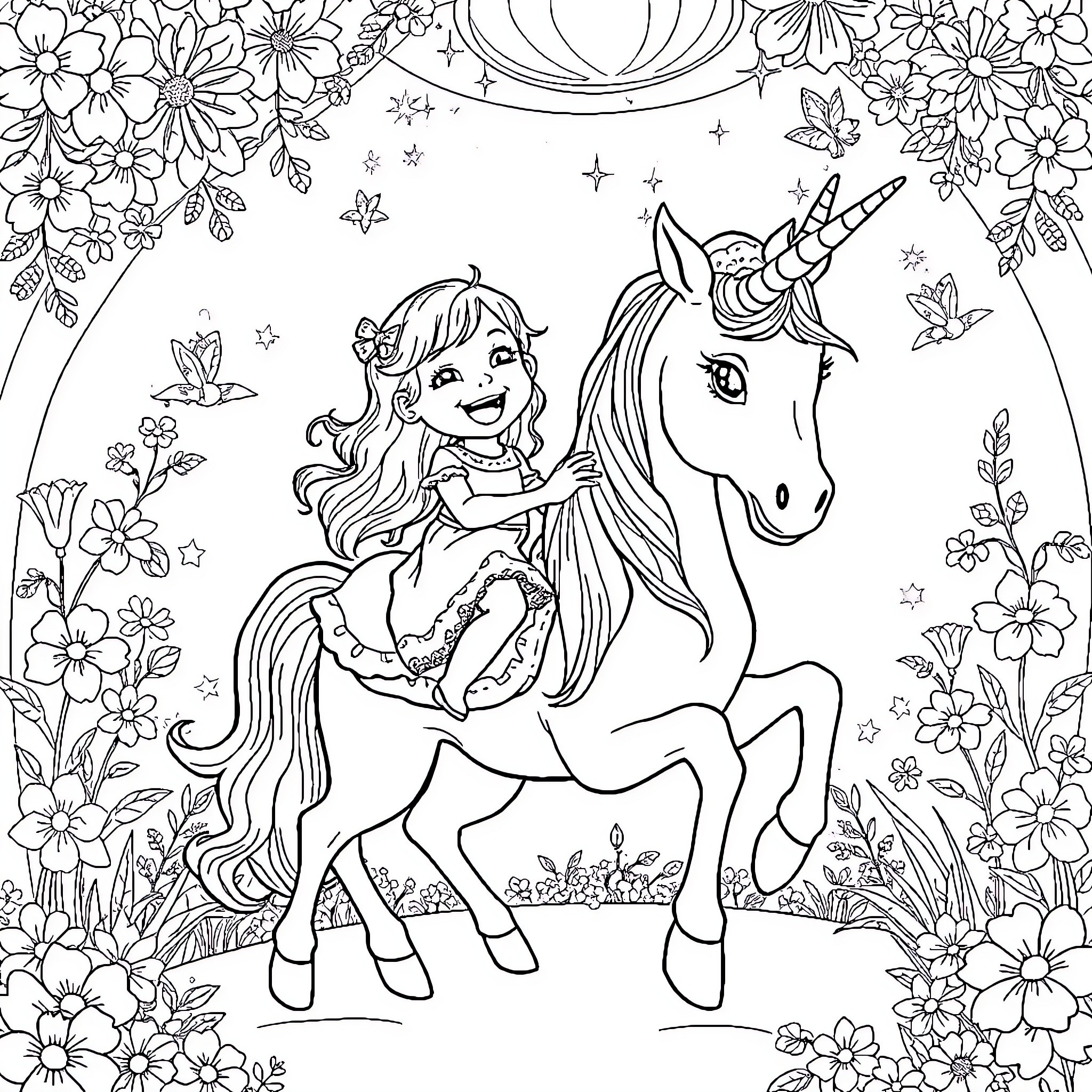 Girl riding a unicorn in a floral meadow Coloring Page (free black-and-white line drawing printable PDF for all, from beginners to advanced learners, including children, teens, adults, and seniors)
