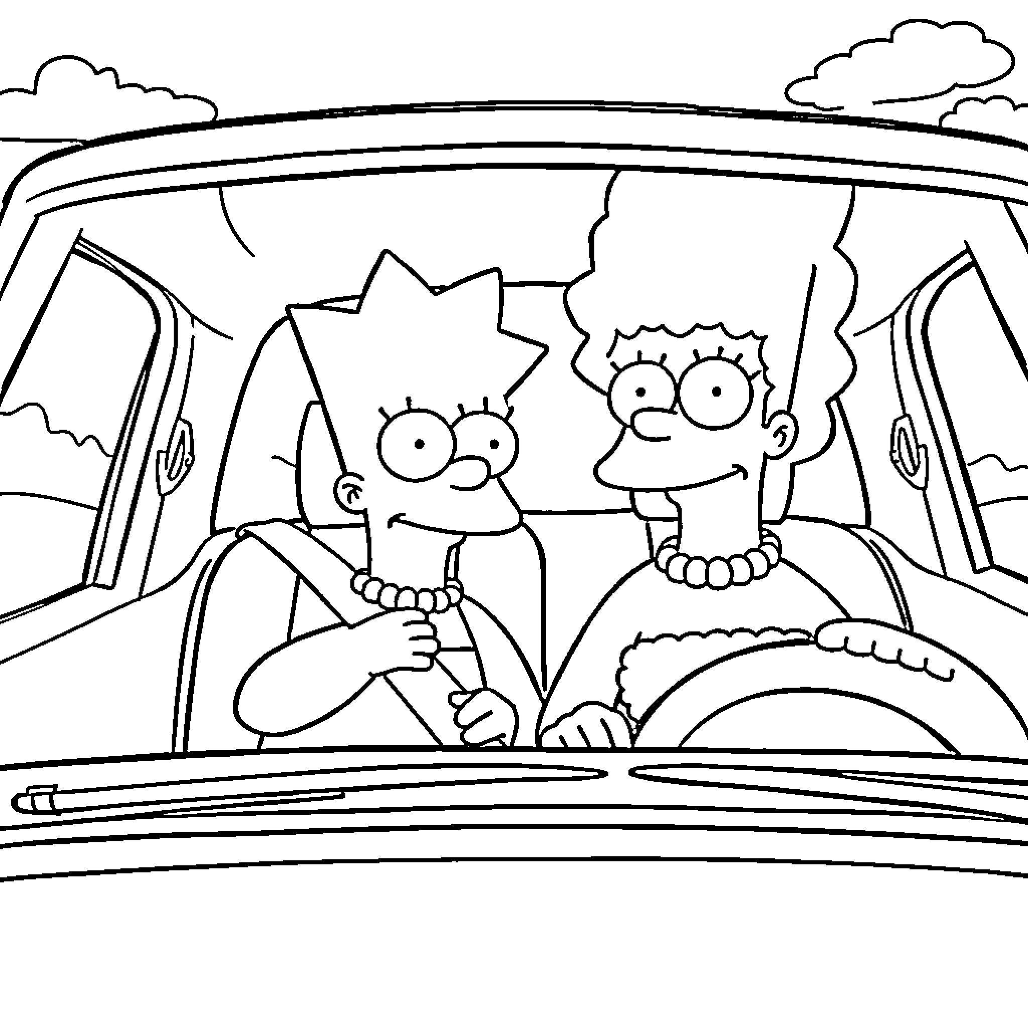 Marge Simpson and Bart Simpson driving in a car Coloring Page (free black-and-white line drawing printable PDF for all, from beginners to advanced learners, including children, teens, adults, and seniors)