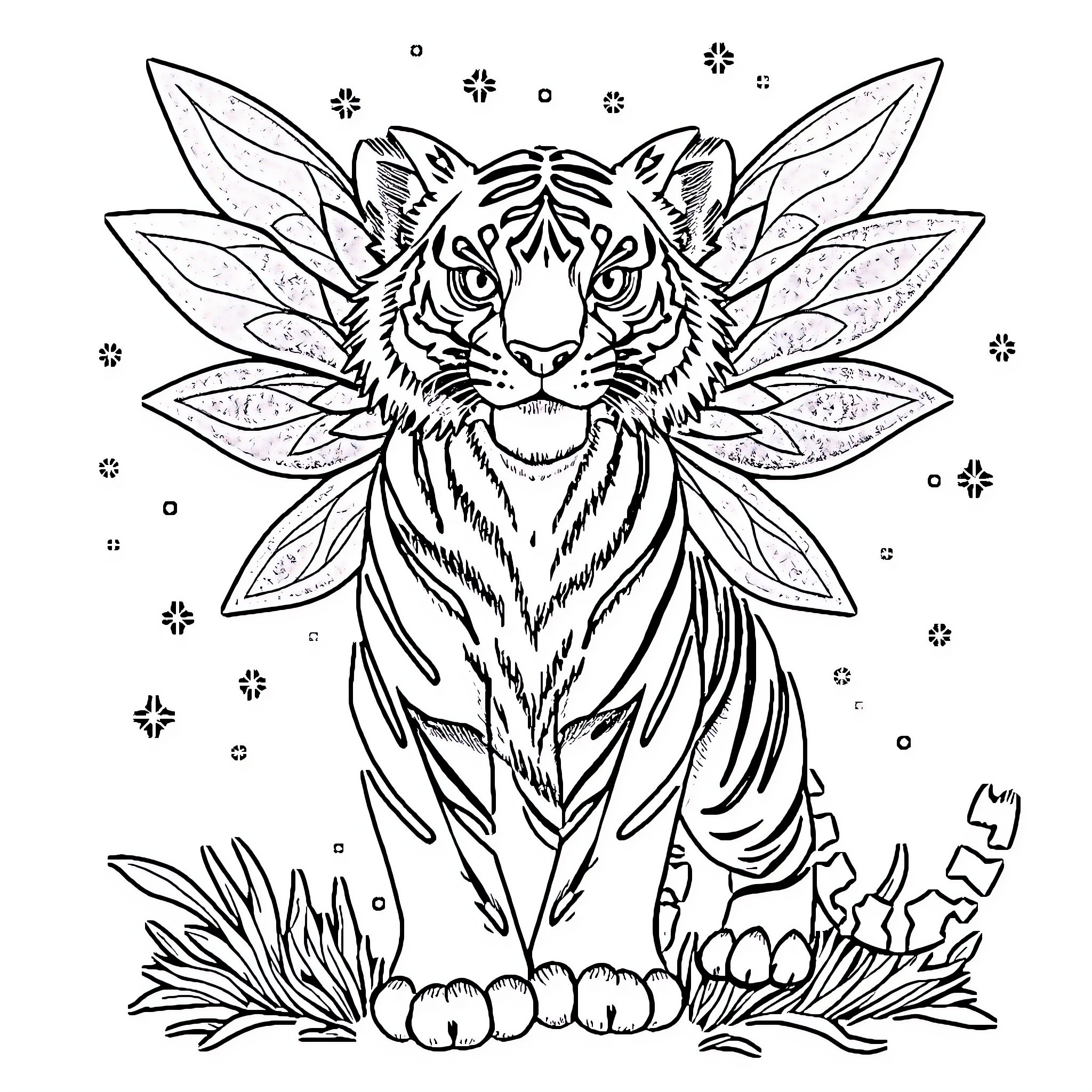 Fairytiger with ethereal wings in enchanted forest Coloring Page (free black-and-white line drawing printable PDF for all, from beginners to advanced learners, including children, teens, adults, and seniors)