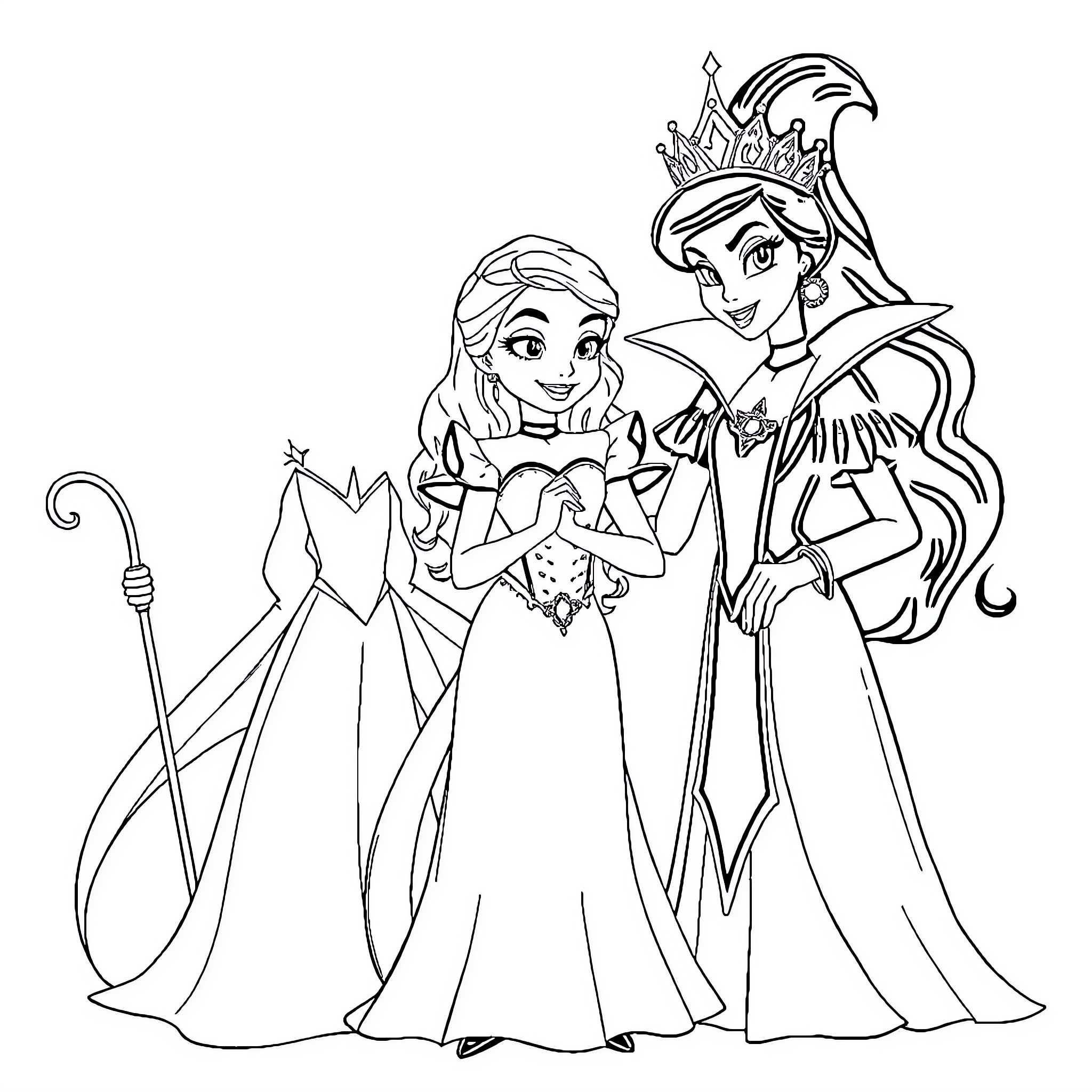 Descendants of Regal Royalty in Formal Attire Coloring Page (free black-and-white line drawing printable PDF for all, from beginners to advanced learners, including children, teens, adults, and seniors)