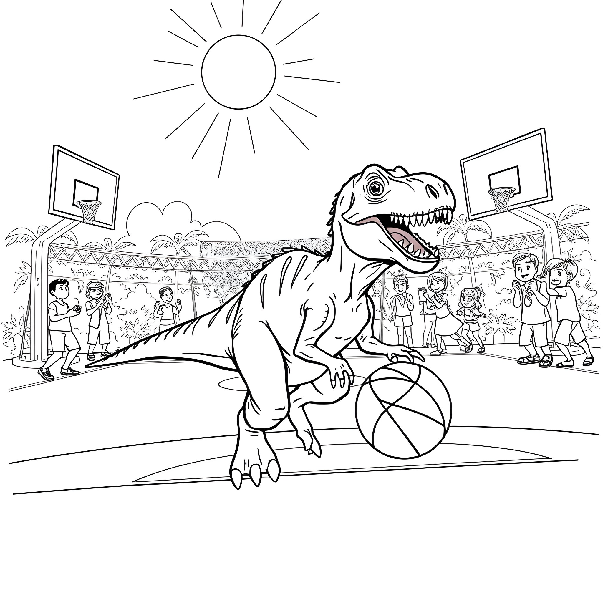 Velociraptor interrupting a school basketball game Coloring Page (free black-and-white line drawing printable PDF for all, from beginners to advanced learners, including children, teens, adults, and seniors)