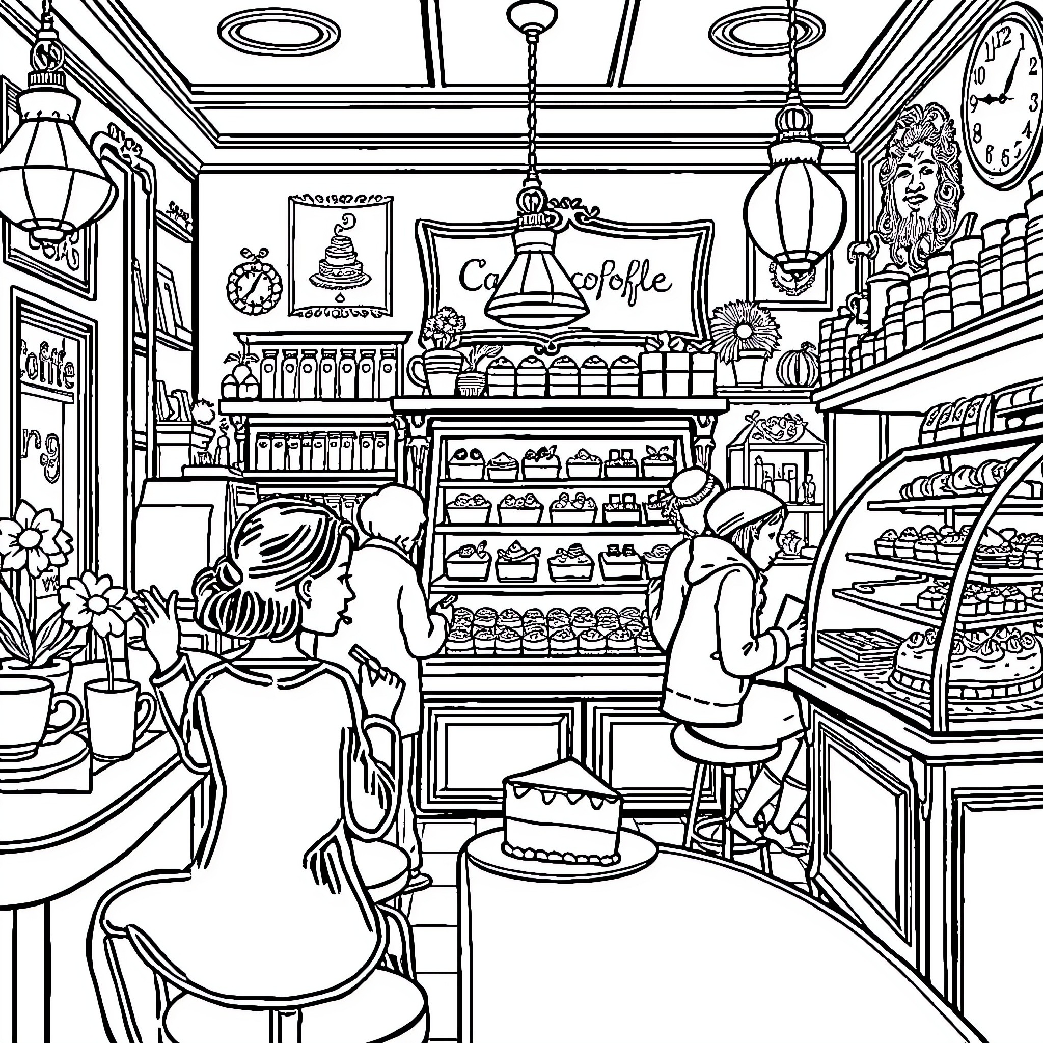 Coffee Shop Scene with Customers and Decor Coloring Page (free black-and-white line drawing printable PDF for all, from beginners to advanced learners, including children, teens, adults, and seniors)