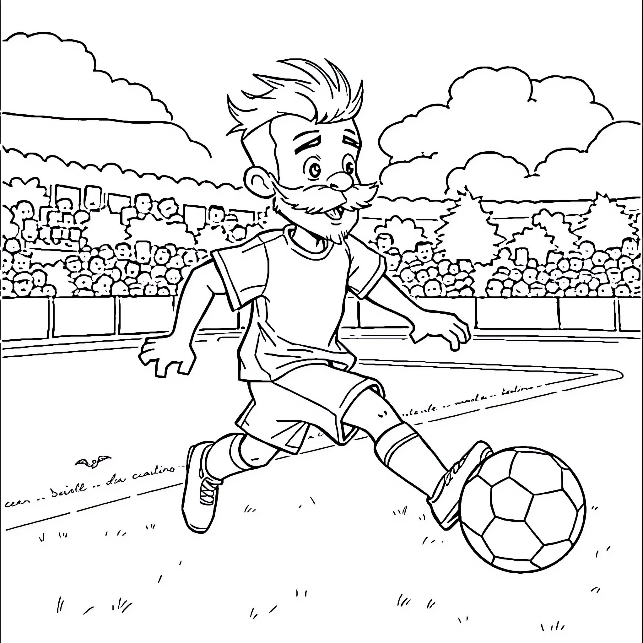 Homme playing soccer in a crowded stadium Coloring Page (free black-and-white line drawing printable PDF for all, from beginners to advanced learners, including children, teens, adults, and seniors)
