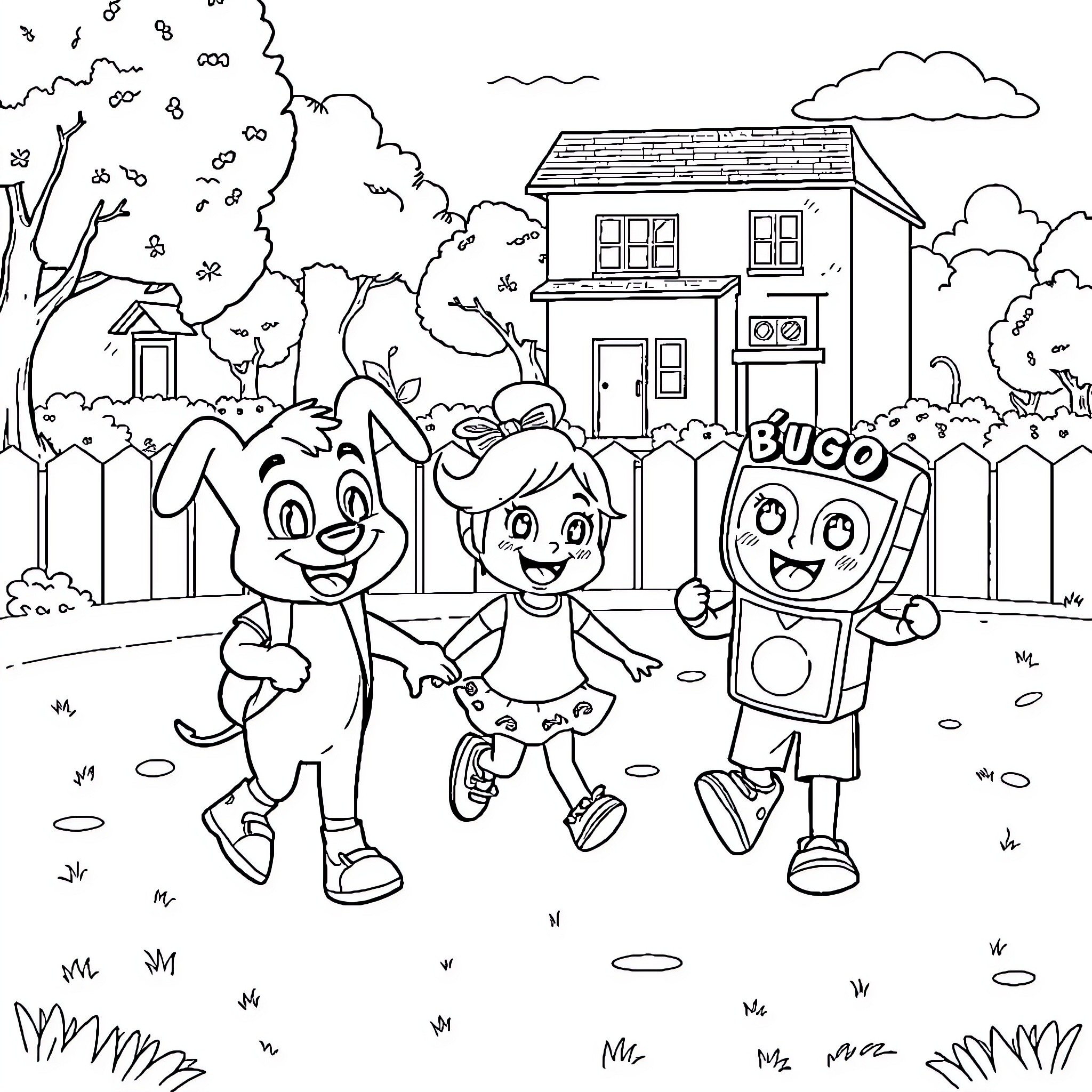 Bluey and friends playing in a neighborhood Coloring Page (free black-and-white line drawing printable PDF for all, from beginners to advanced learners, including children, teens, adults, and seniors)