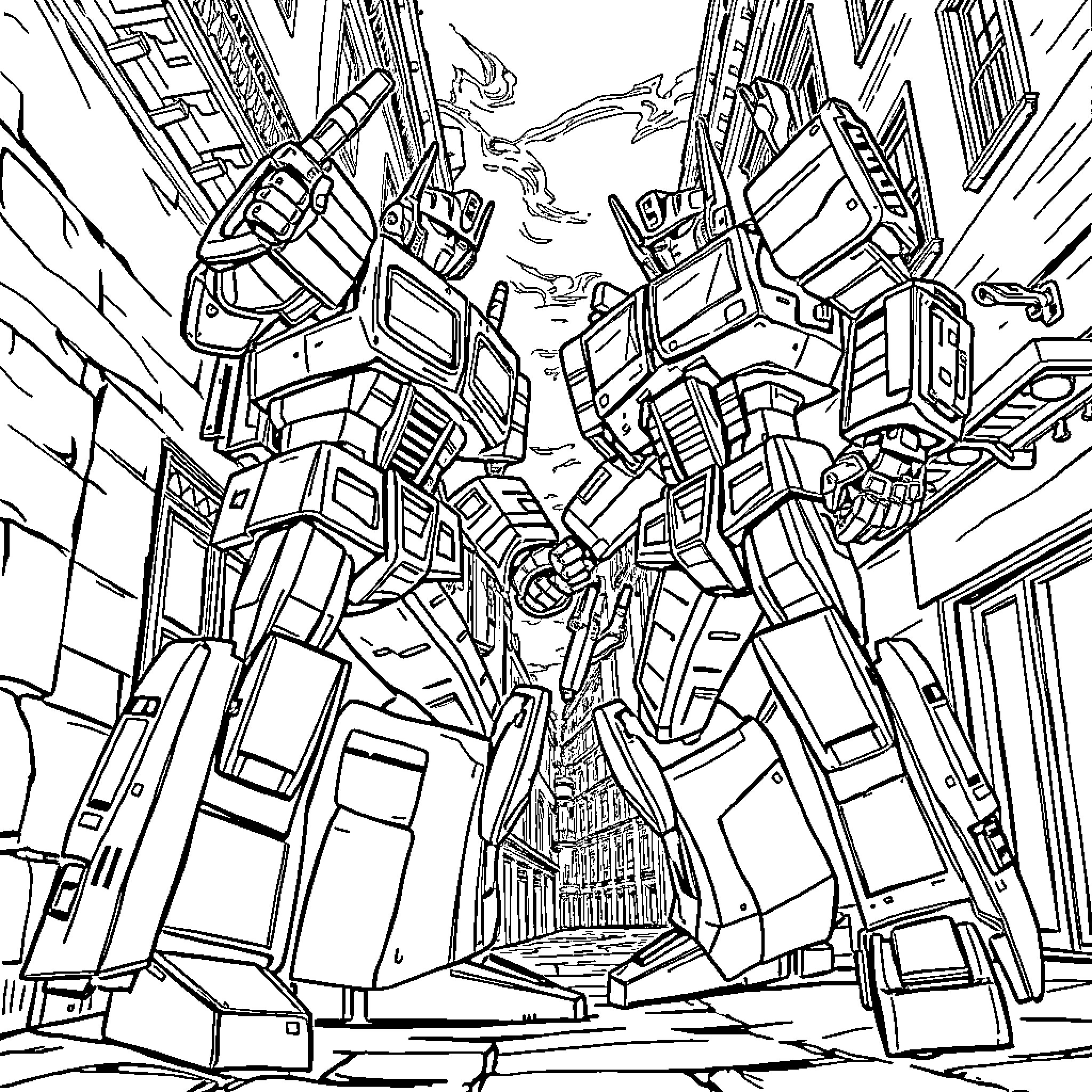 Optimus Prime Leading Heroic Transformers in Futuristic Battle Coloring Page (free black-and-white line drawing printable PDF for all, from beginners to advanced learners, including children, teens, adults, and seniors)