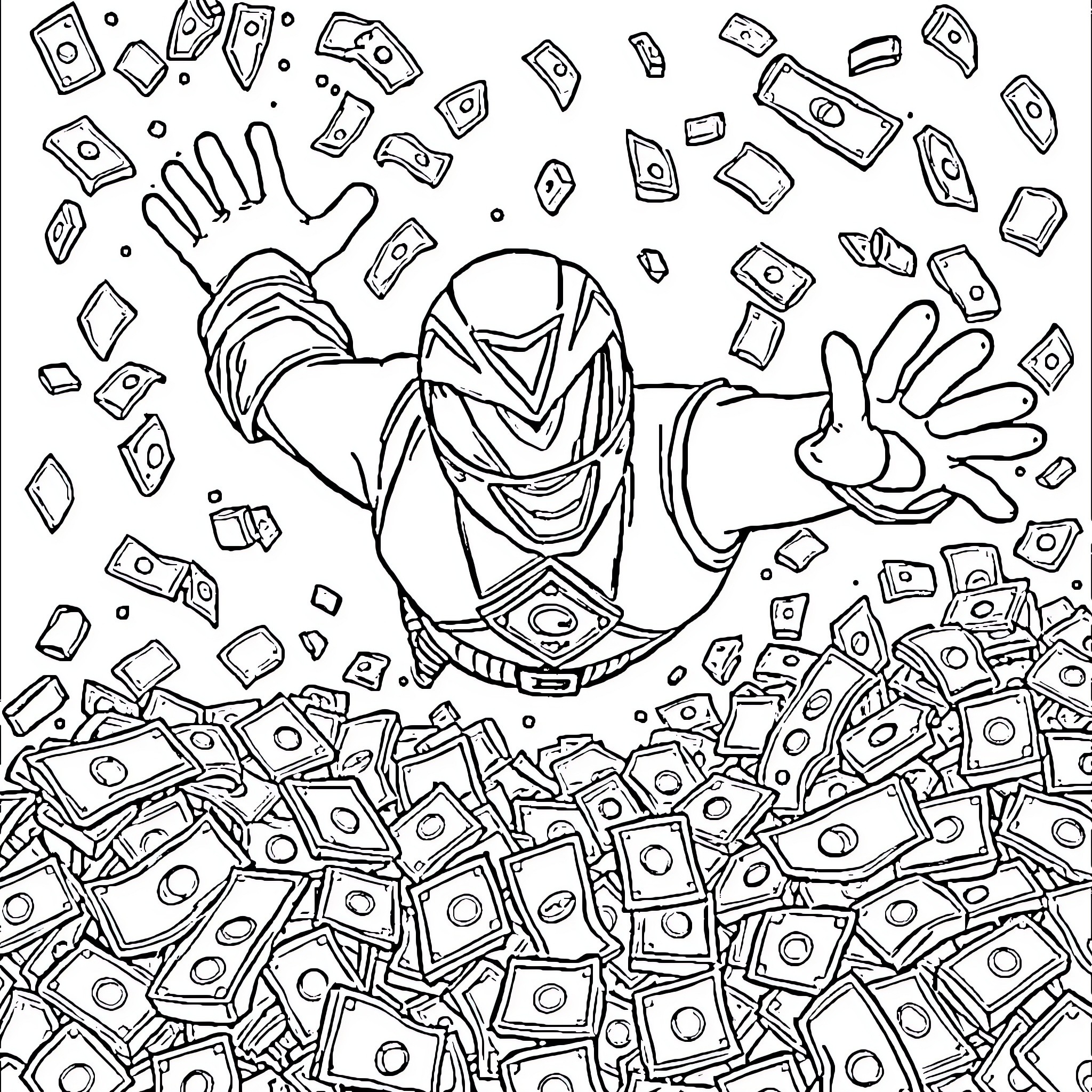 Power Ranger Battles Wealth and Materialism Coloring Page (free black-and-white line drawing printable PDF for all, from beginners to advanced learners, including children, teens, adults, and seniors)
