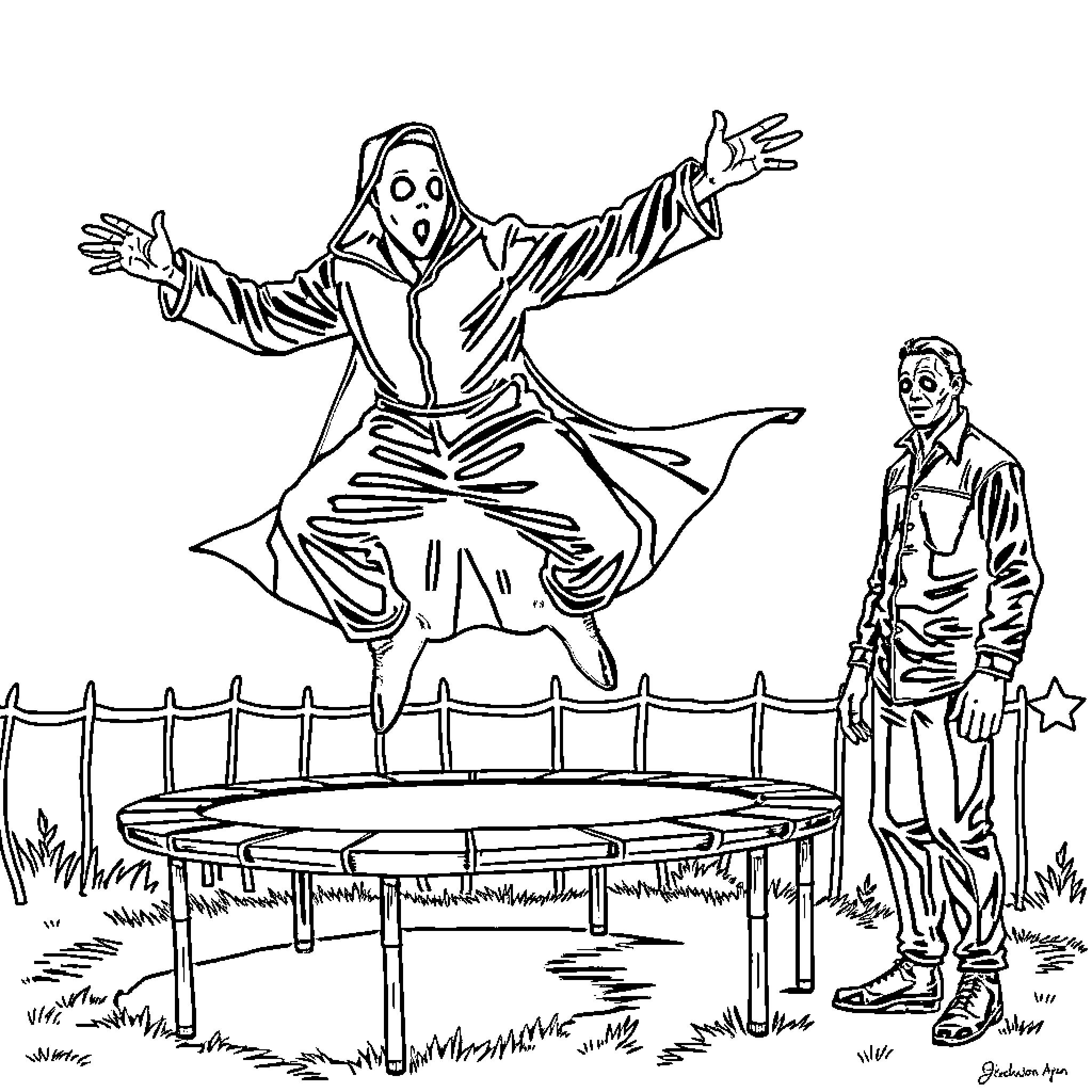 Ghost Face jumps on trampoline while onlooker watches Coloring Page (free black-and-white line drawing printable PDF for all, from beginners to advanced learners, including children, teens, adults, and seniors)
