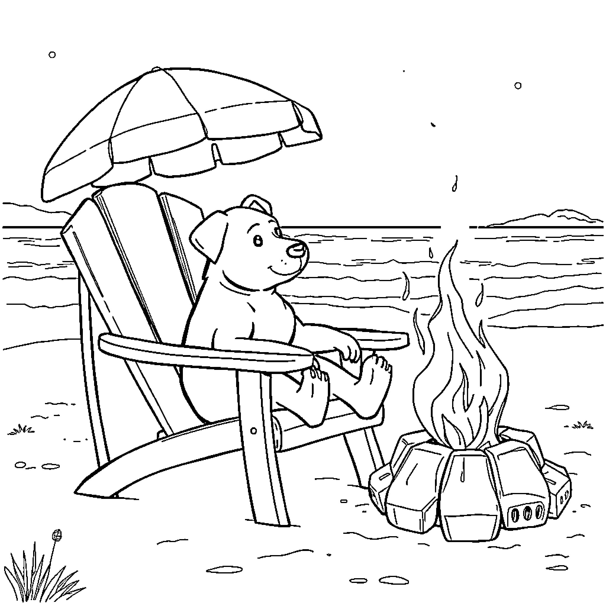 Dog relaxing on beach chair near campfire Coloring Page (free black-and-white line drawing printable PDF for all, from beginners to advanced learners, including children, teens, adults, and seniors)