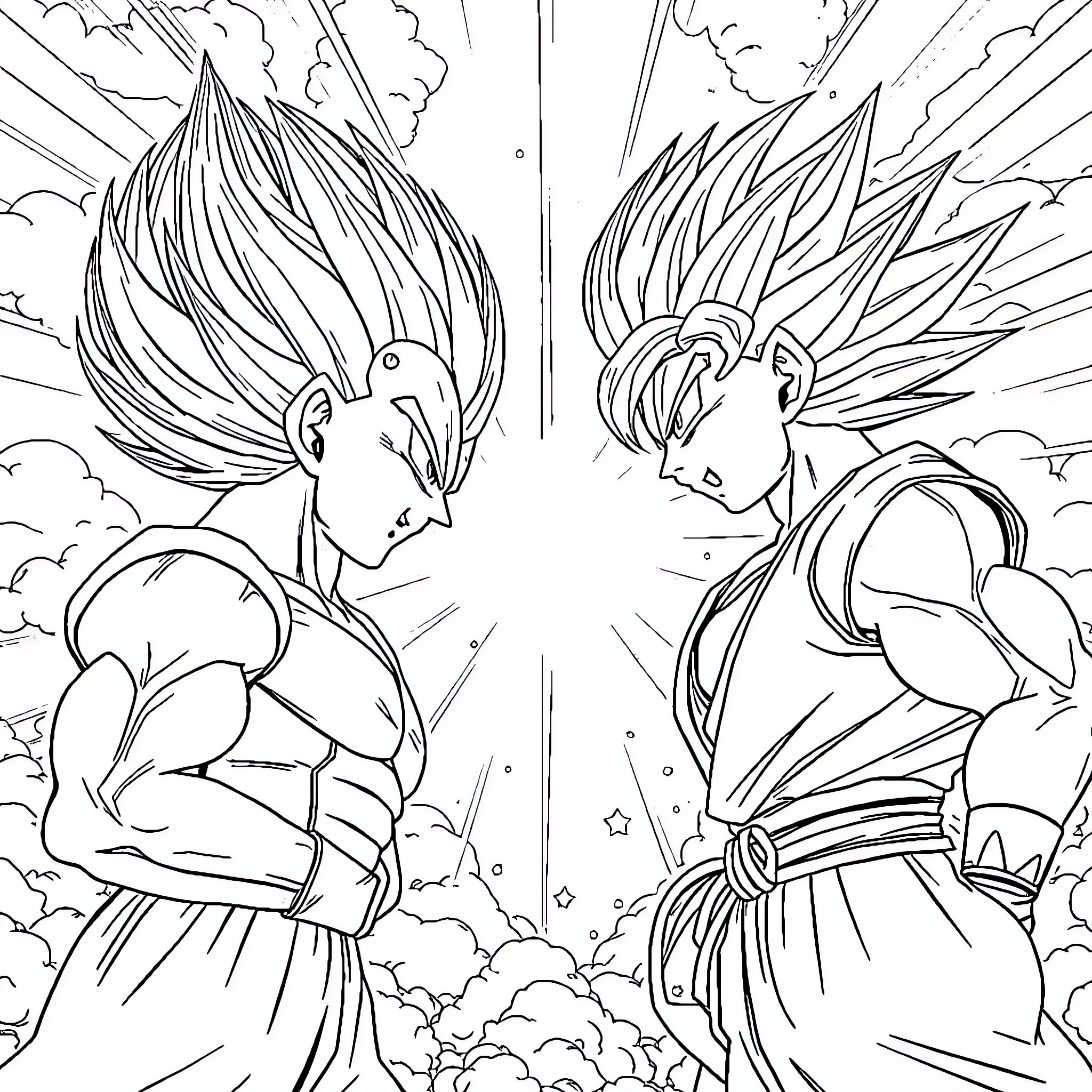 Majin Vegeta's Intense Confrontation Coloring Page (free black-and-white line drawing printable PDF for all, from beginners to advanced learners, including children, teens, adults, and seniors)