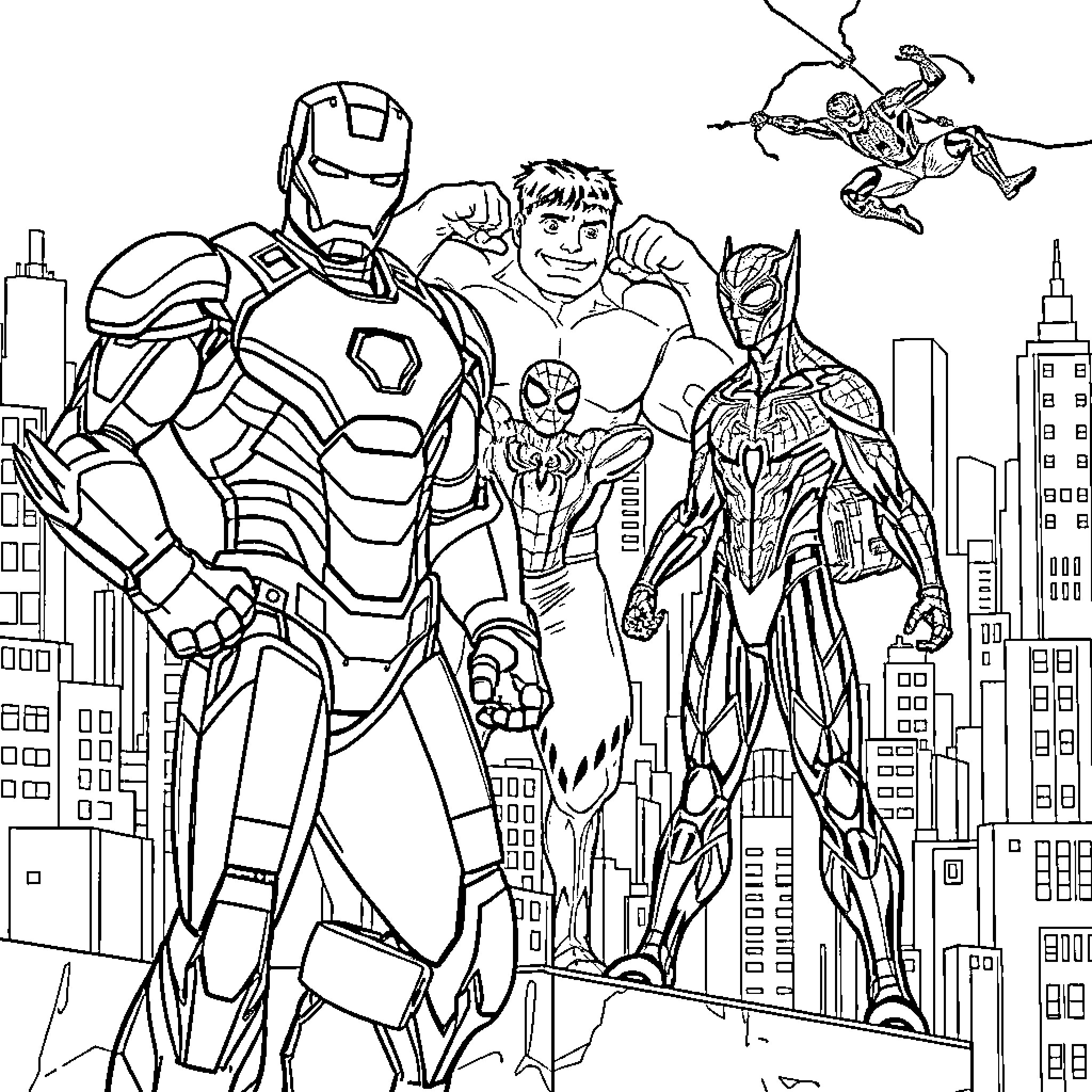 Ironman and Marvel Superheroes in Action Coloring Page (free black-and-white line drawing printable PDF for all, from beginners to advanced learners, including children, teens, adults, and seniors)