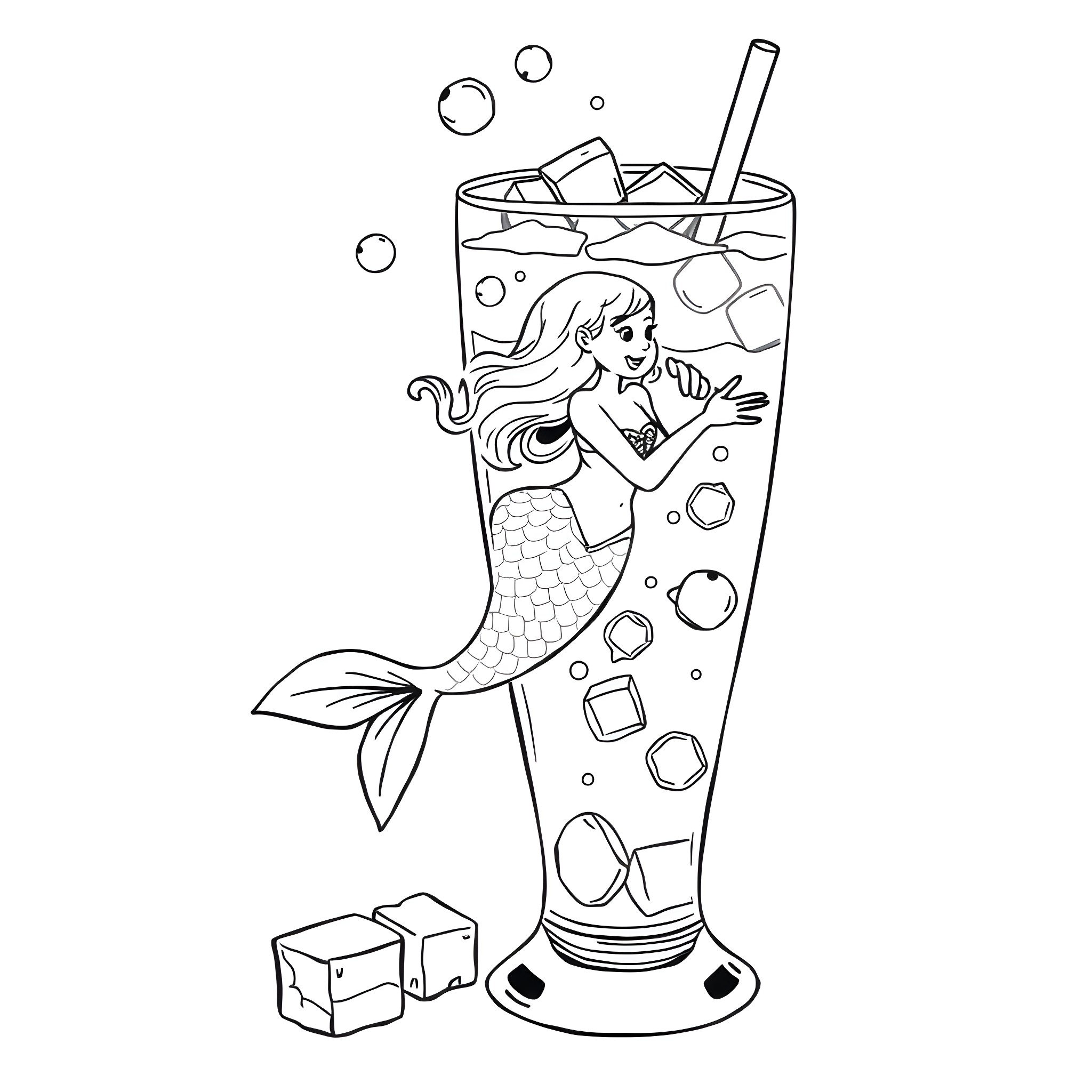 Mermaid enjoying a refreshing drink in the sea Coloring Page (free black-and-white line drawing printable PDF for all, from beginners to advanced learners, including children, teens, adults, and seniors)