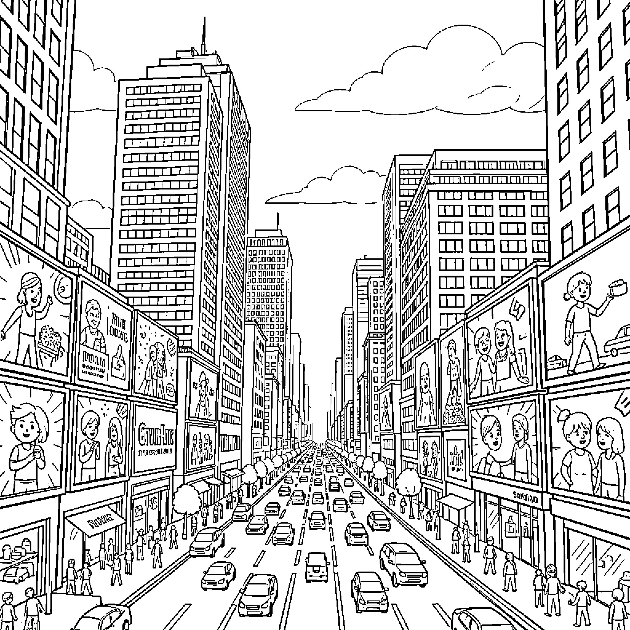 City street scene with bustling activity and traffic Coloring Page (free black-and-white line drawing printable PDF for all, from beginners to advanced learners, including children, teens, adults, and seniors)