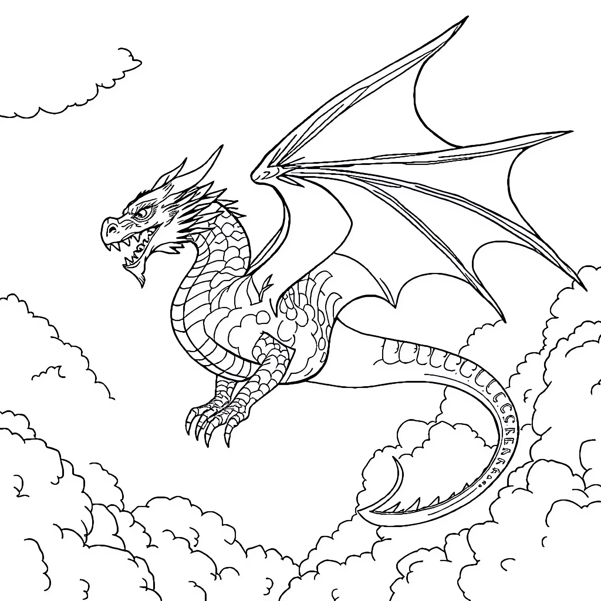 Dragon soaring fiercely through the cloudy skies Coloring Page (free black-and-white line drawing printable PDF for all, from beginners to advanced learners, including children, teens, adults, and seniors)