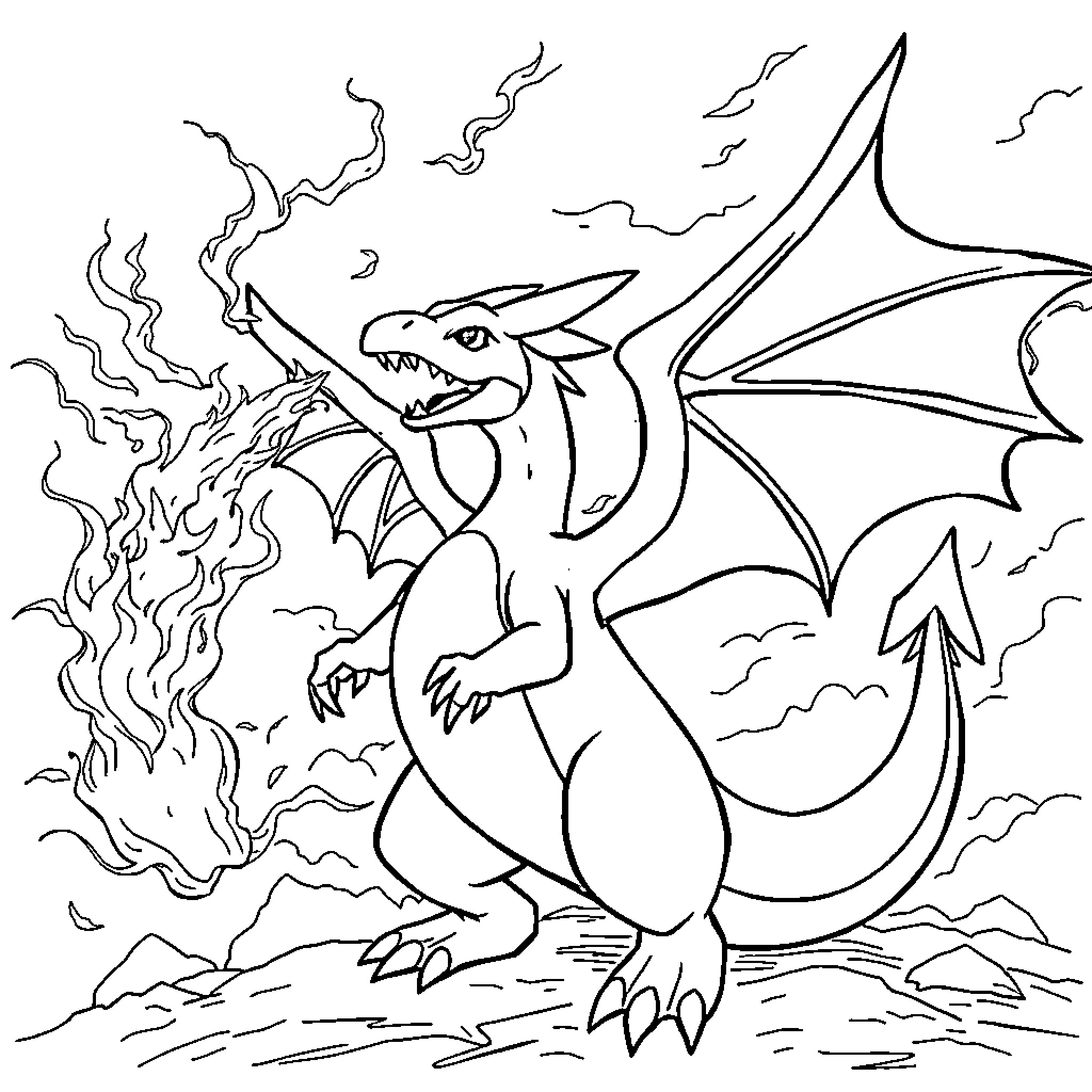 Charizard Unleashing Powerful Flames in the Sky Coloring Page (free black-and-white line drawing printable PDF for all, from beginners to advanced learners, including children, teens, adults, and seniors)
