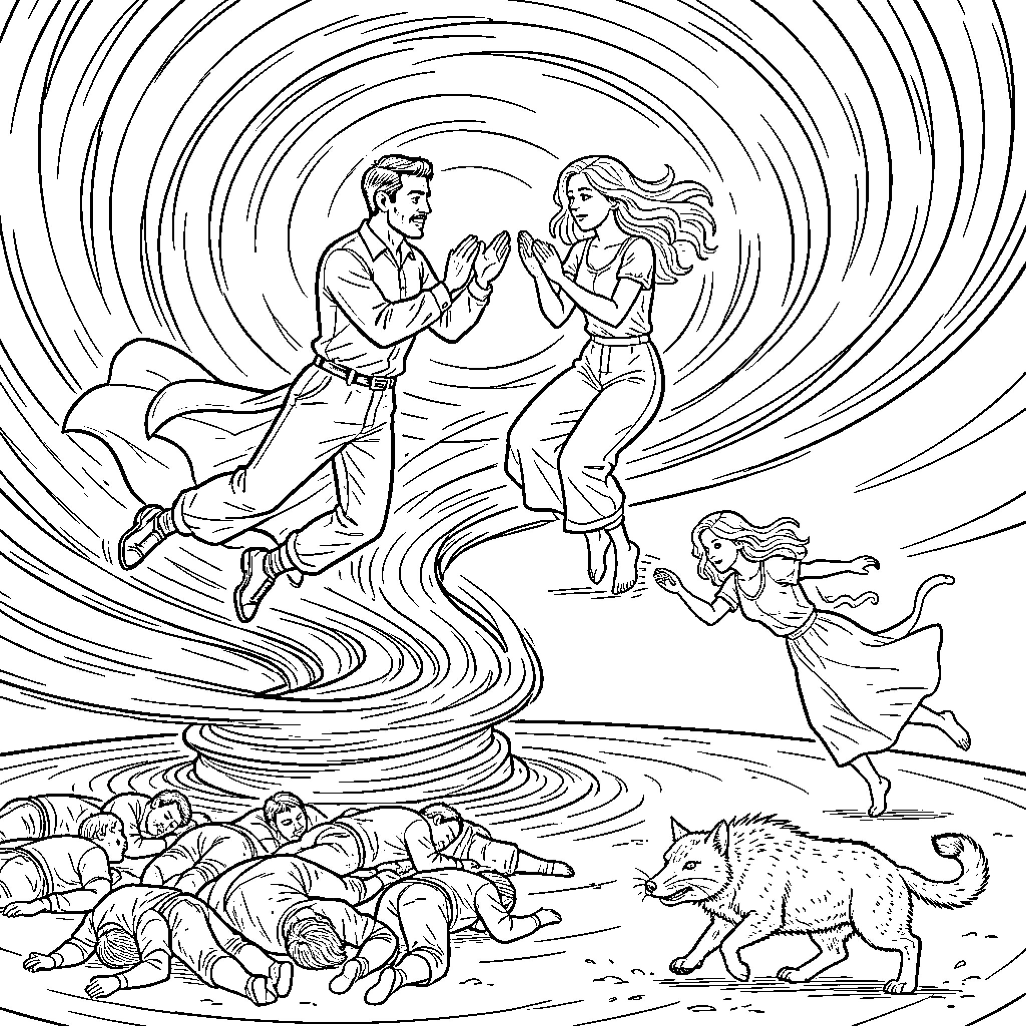 Homme and woman caught in a swirling vortex Coloring Page (free black-and-white line drawing printable PDF for all, from beginners to advanced learners, including children, teens, adults, and seniors)