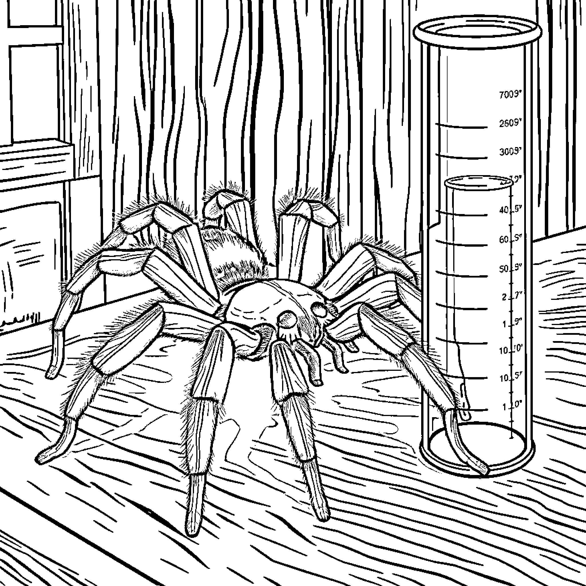 Tarantula examining laboratory equipment Coloring Page (free black-and-white line drawing printable PDF for all, from beginners to advanced learners, including children, teens, adults, and seniors)