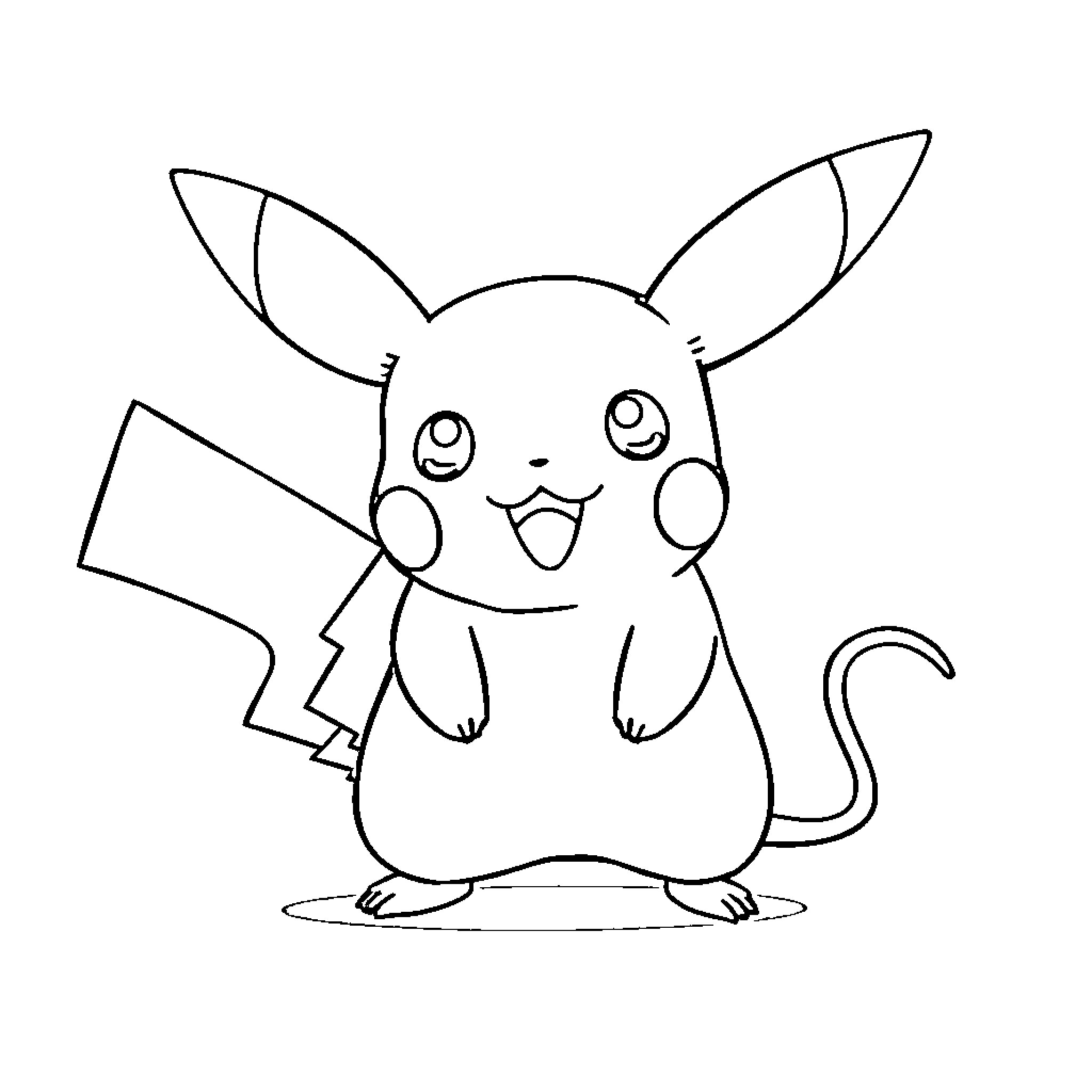 Pikachu in cheerful pose Coloring Page (free black-and-white line drawing printable PDF for all, from beginners to advanced learners, including children, teens, adults, and seniors)