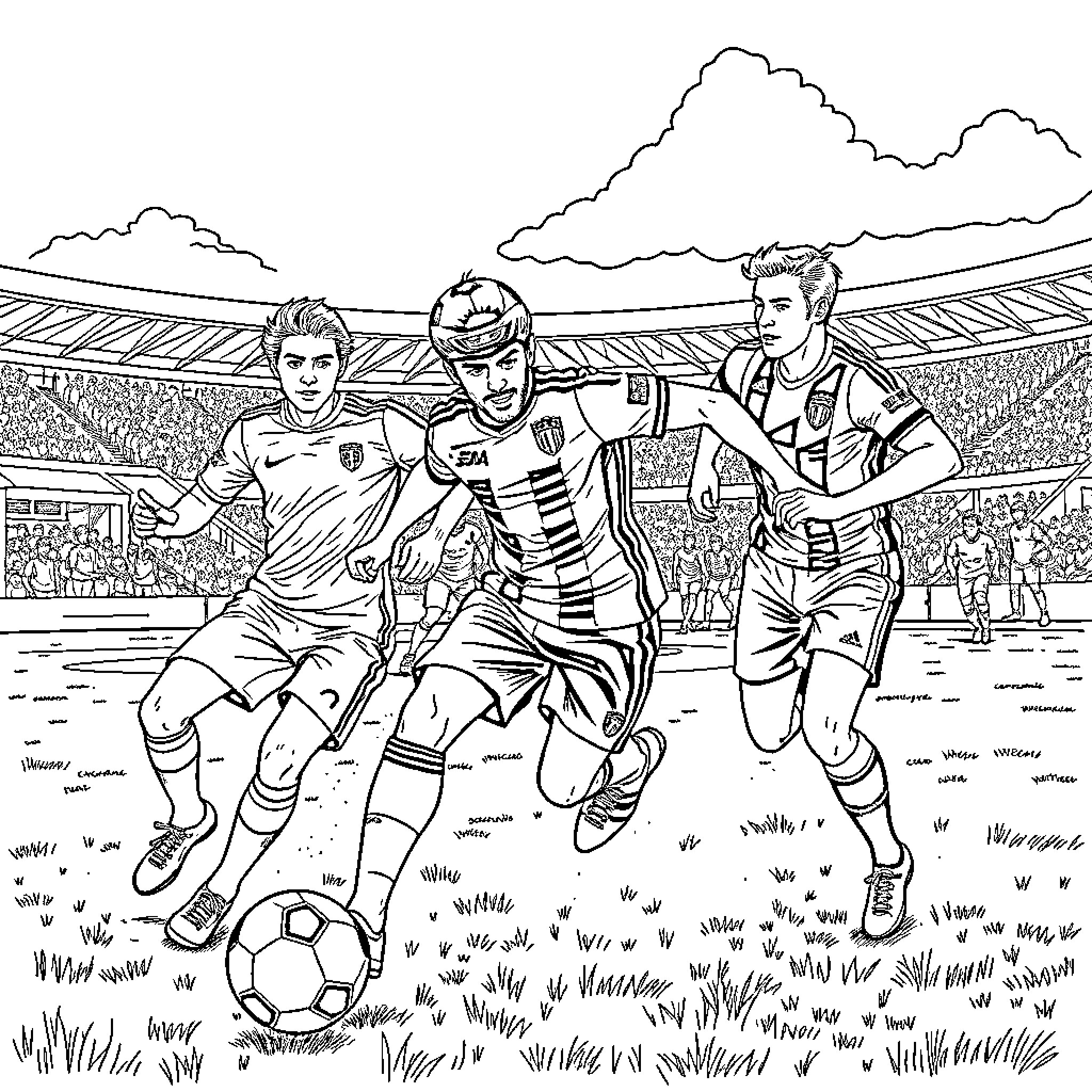 Italian Brainrot: Intense Soccer Match in Stadium Coloring Page (free black-and-white line drawing printable PDF for all, from beginners to advanced learners, including children, teens, adults, and seniors)