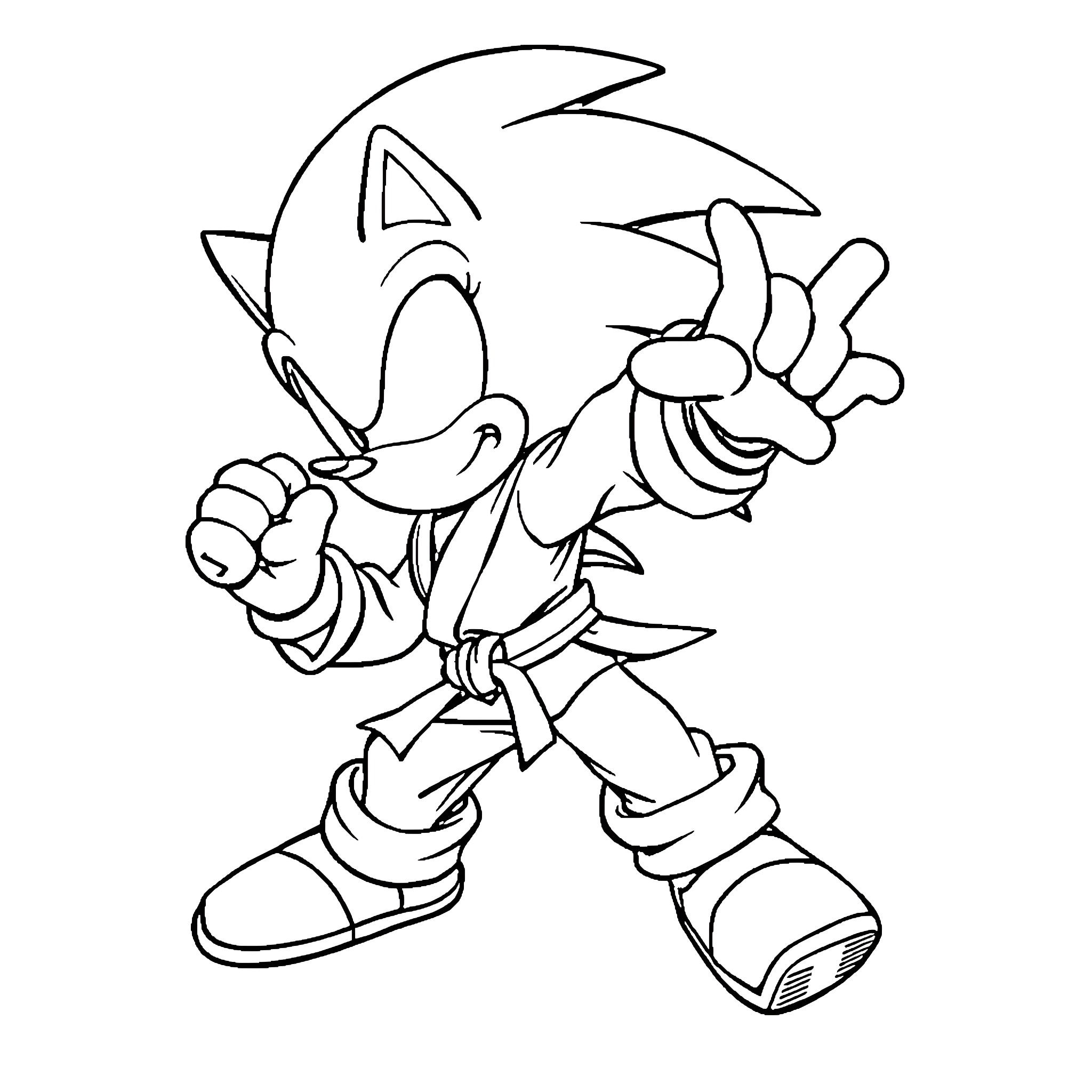 Sonic making a heroic pose in action Coloring Page (free black-and-white line drawing printable PDF for all, from beginners to advanced learners, including children, teens, adults, and seniors)