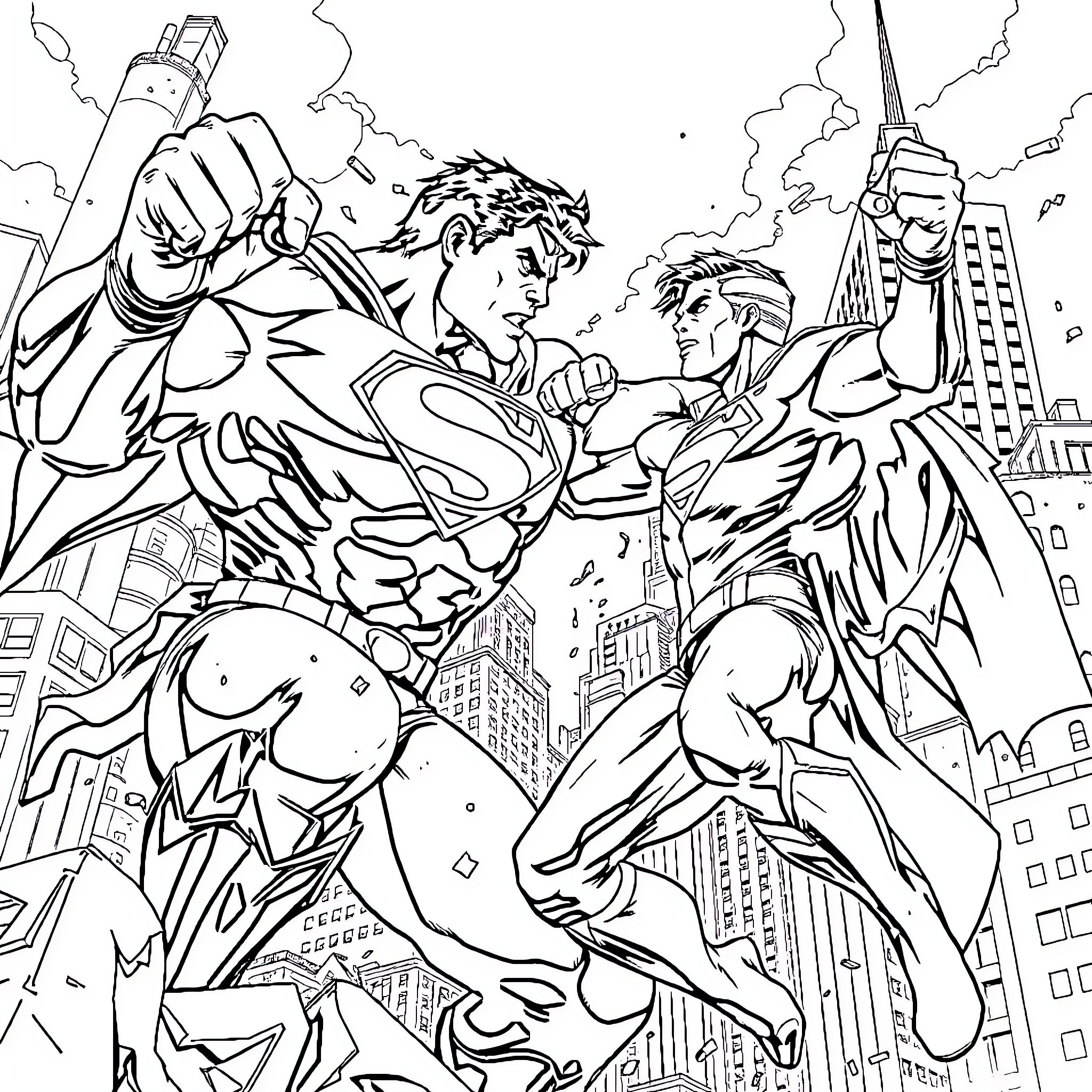 Superman heroic battle with city skyline backdrop Coloring Page (free black-and-white line drawing printable PDF for all, from beginners to advanced learners, including children, teens, adults, and seniors)