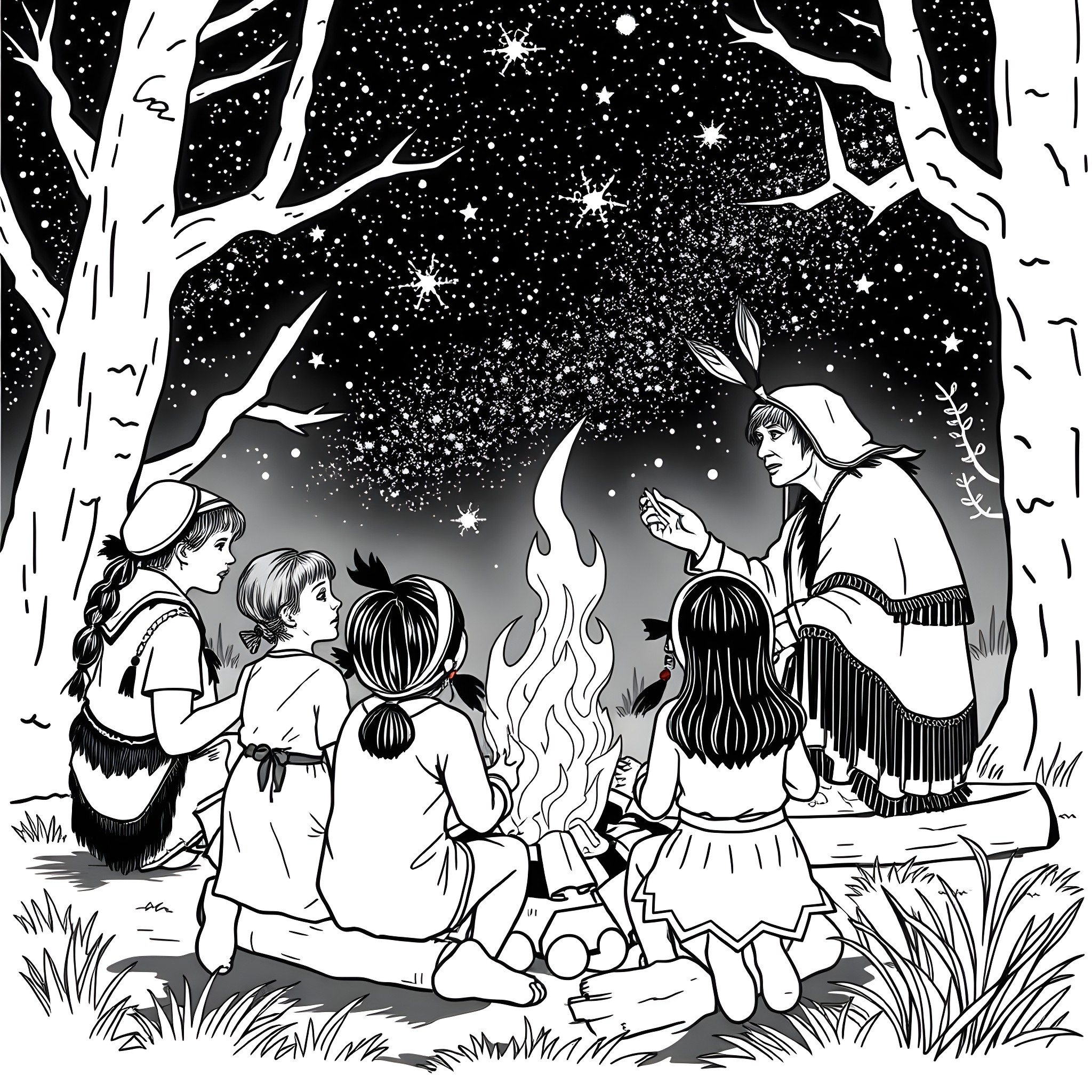 Storyteller captivating children around a campfire Coloring Page (free black-and-white line drawing printable PDF for all, from beginners to advanced learners, including children, teens, adults, and seniors)